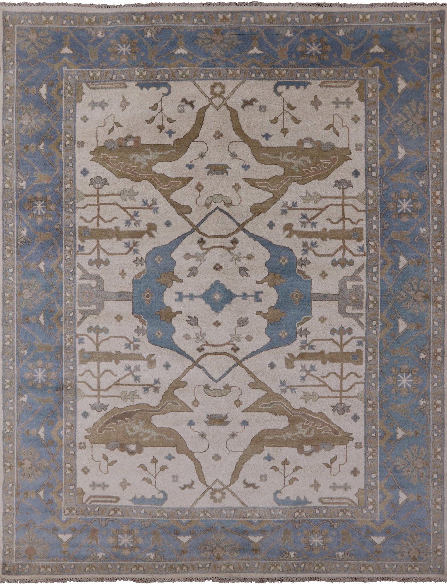 Ivory Turkish Oushak Hand Knotted Wool Area Rug - 9' 3" X 11' 11" - Golden Nile