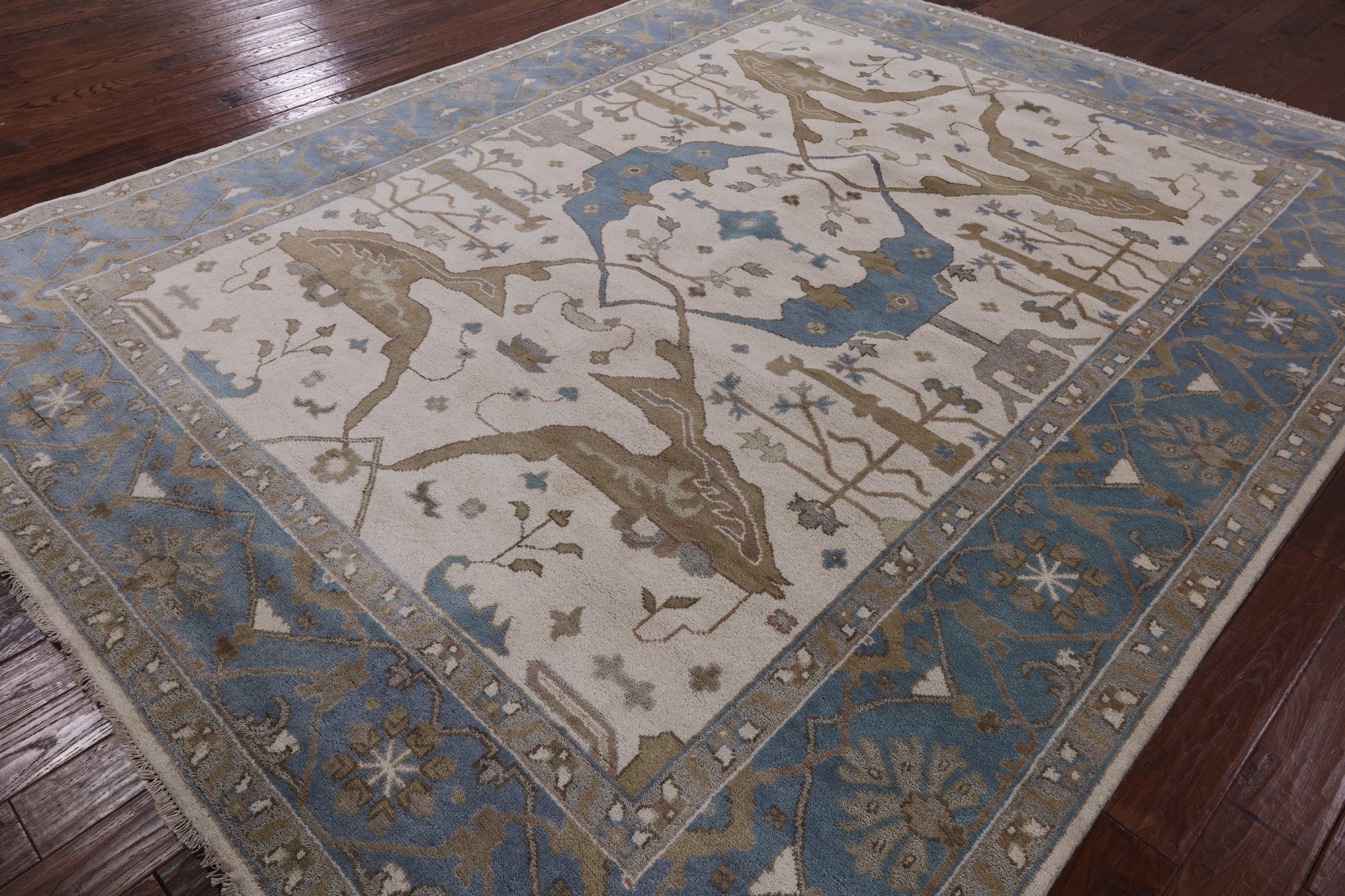 Ivory Turkish Oushak Hand Knotted Wool Area Rug - 9' 3" X 11' 11" - Golden Nile