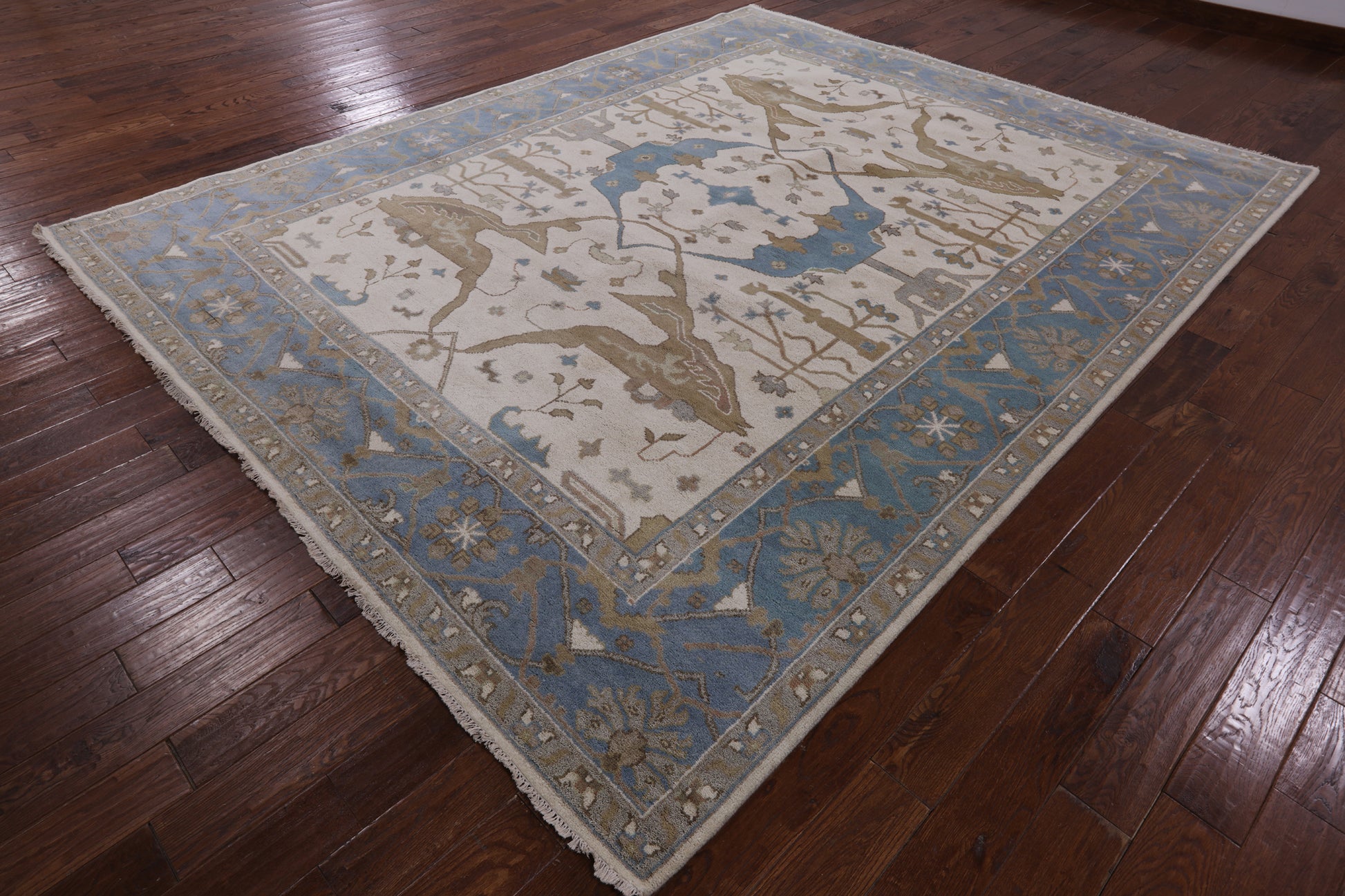 Ivory Turkish Oushak Hand Knotted Wool Area Rug - 9' 3" X 11' 11" - Golden Nile
