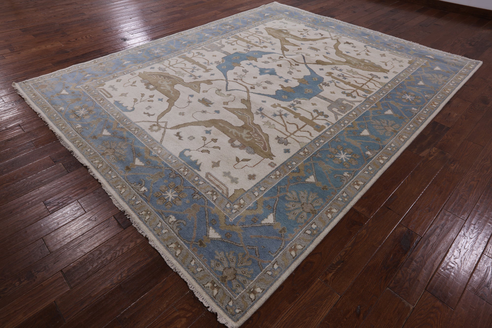 Ivory Turkish Oushak Hand Knotted Wool Area Rug - 9' 3" X 11' 11" - Golden Nile