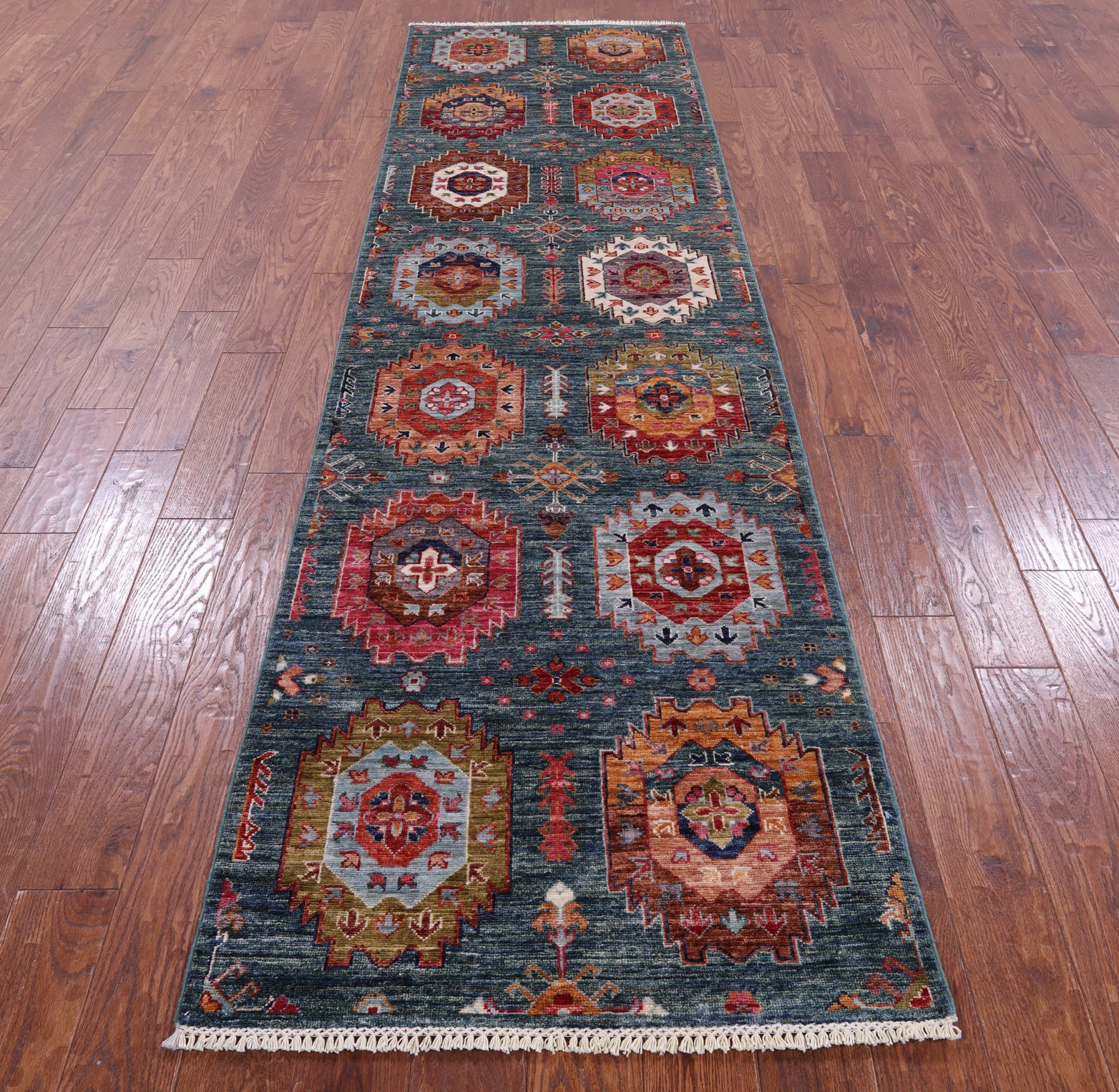 Green Turkmen Ersari Hand Knotted Wool Runner Rug - 2' 10" X 10' 7" - Golden Nile