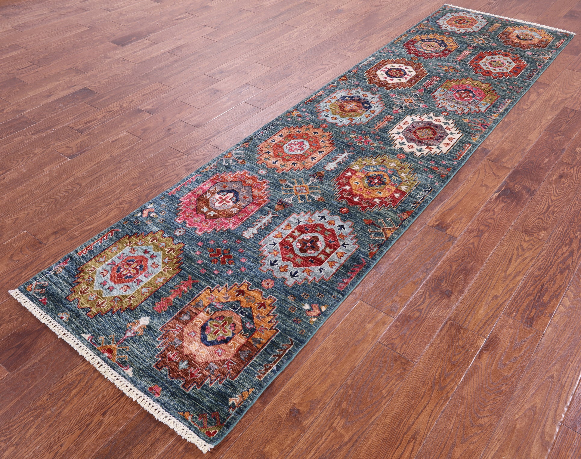 Green Turkmen Ersari Hand Knotted Wool Runner Rug - 2' 10" X 10' 7" - Golden Nile