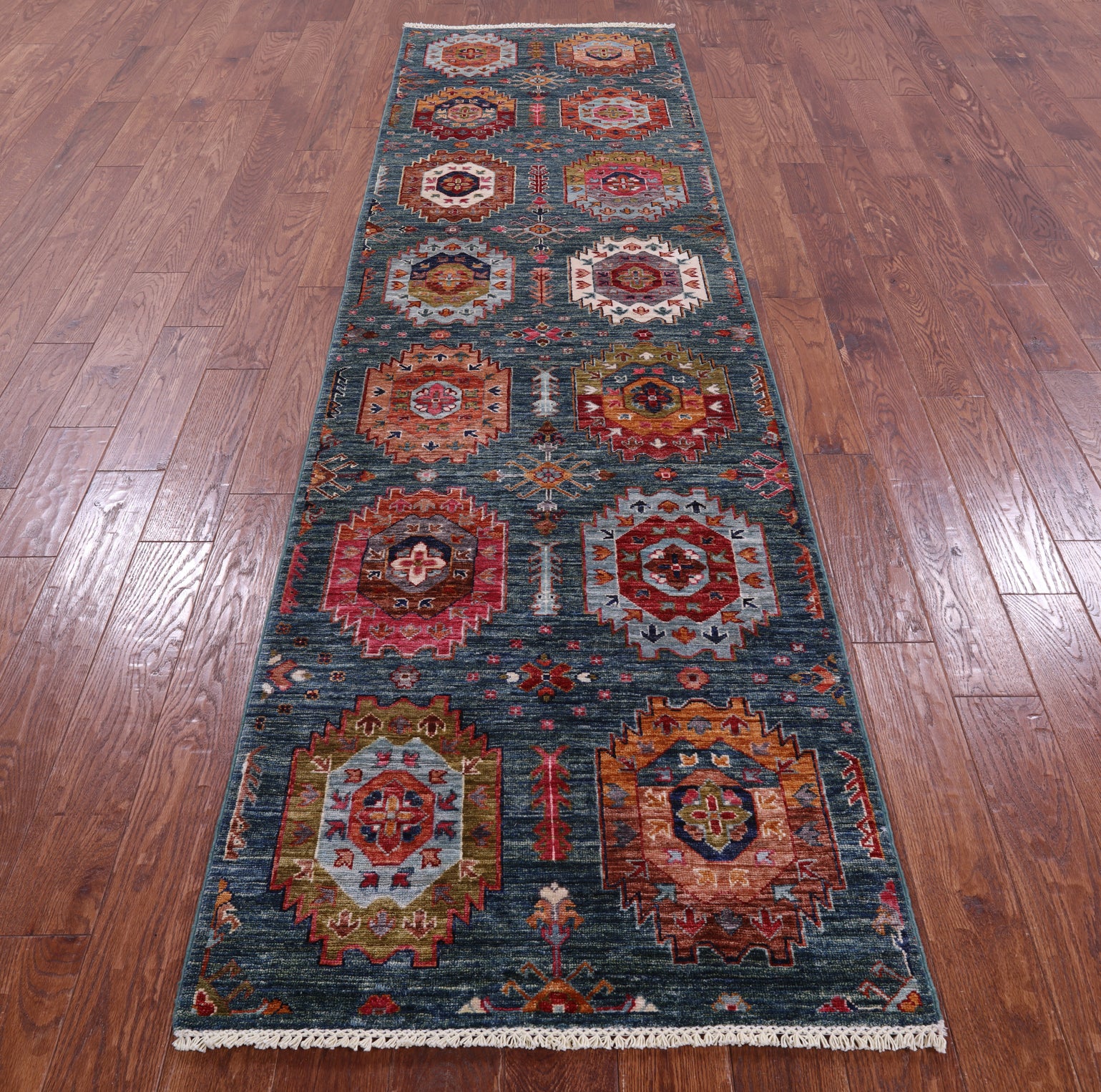 Green Turkmen Ersari Handmade Wool Runner Rug - 2' 11" X 10' 7" - Golden Nile
