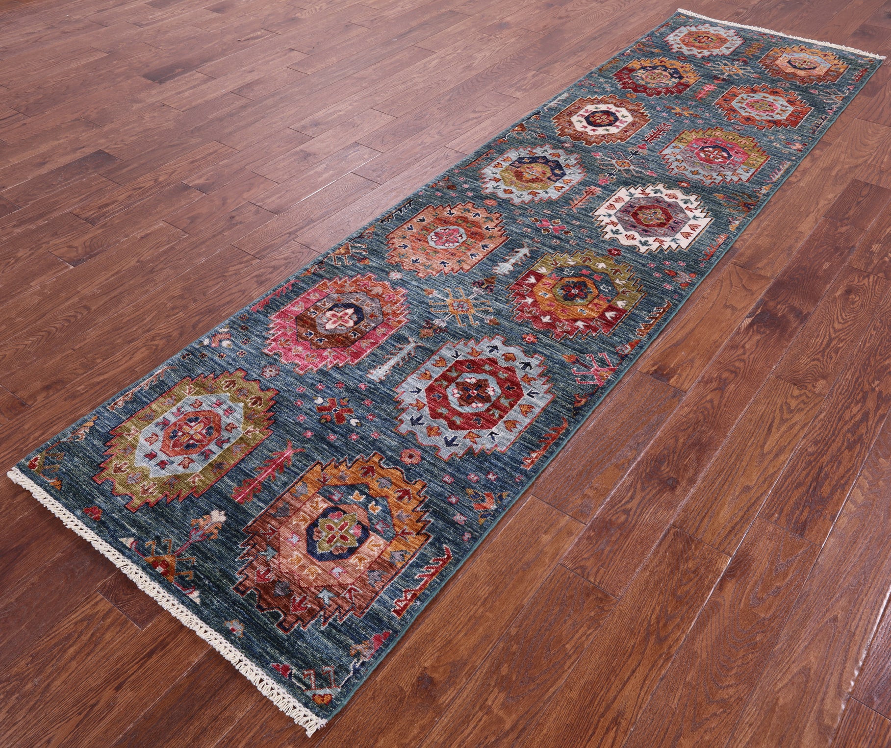Green Turkmen Ersari Handmade Wool Runner Rug - 2' 11" X 10' 7" - Golden Nile