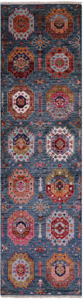 Green Turkmen Ersari Handmade Wool Runner Rug - 2' 11" X 10' 7" - Golden Nile