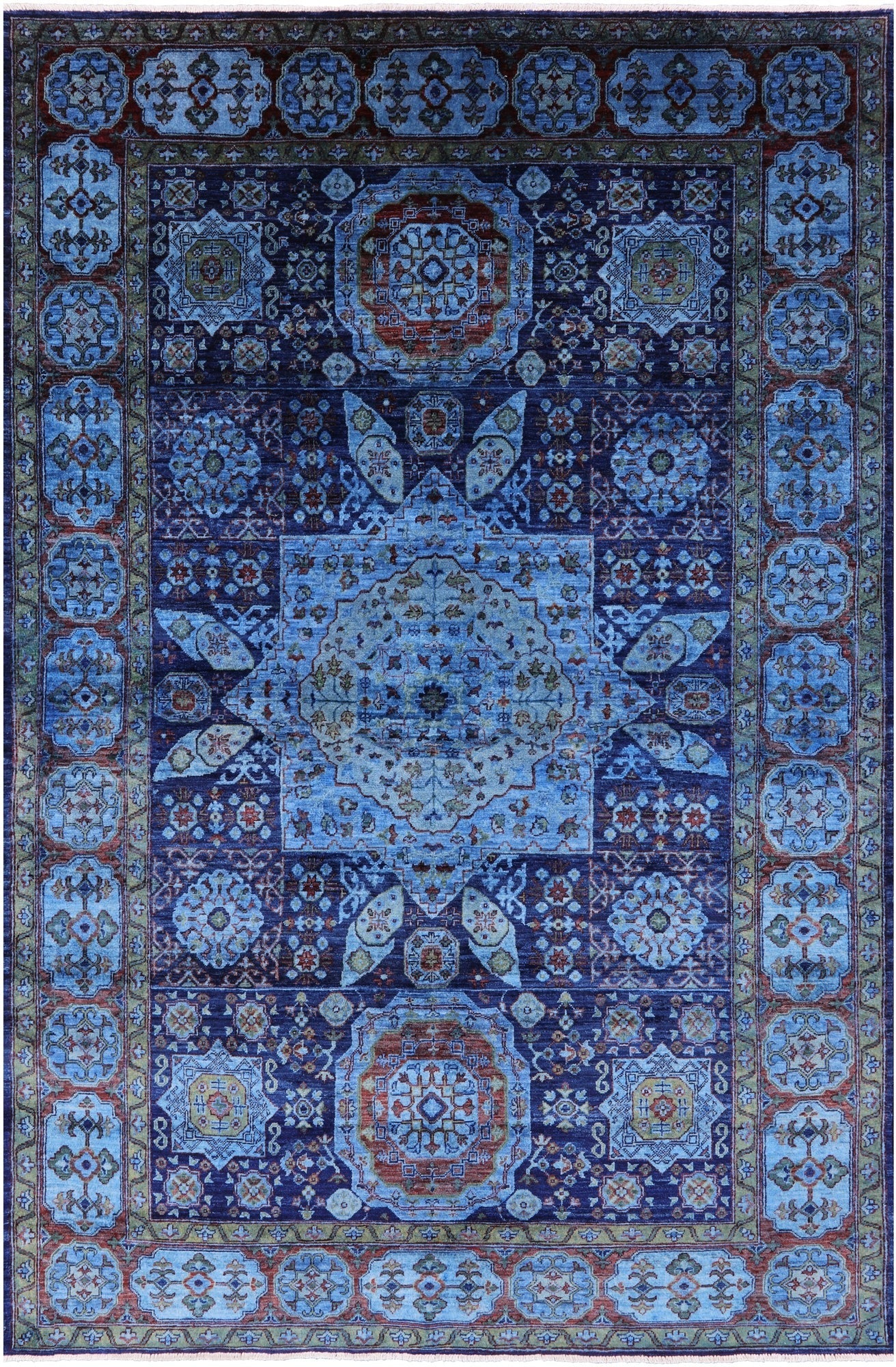 Blue Mamluk Hand Knotted Wool Rug - 6' 5" X 9' 8" - Golden Nile