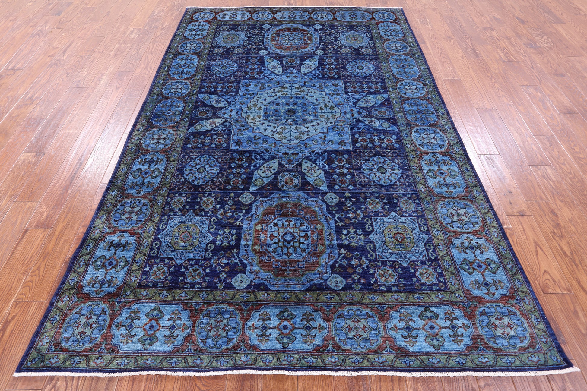 Blue Mamluk Hand Knotted Wool Rug - 6' 5" X 9' 8" - Golden Nile