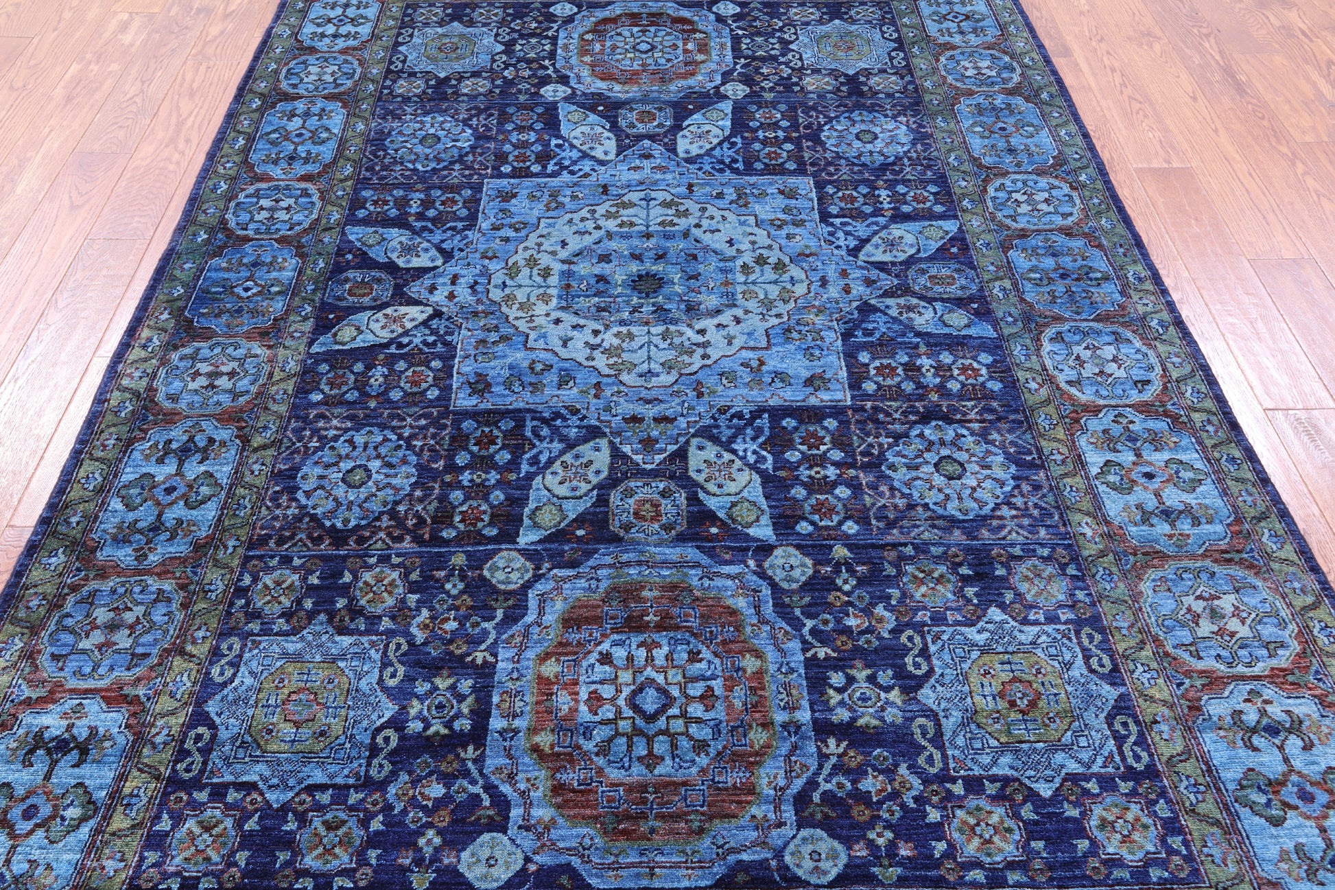 Blue Mamluk Hand Knotted Wool Rug - 6' 5" X 9' 8" - Golden Nile