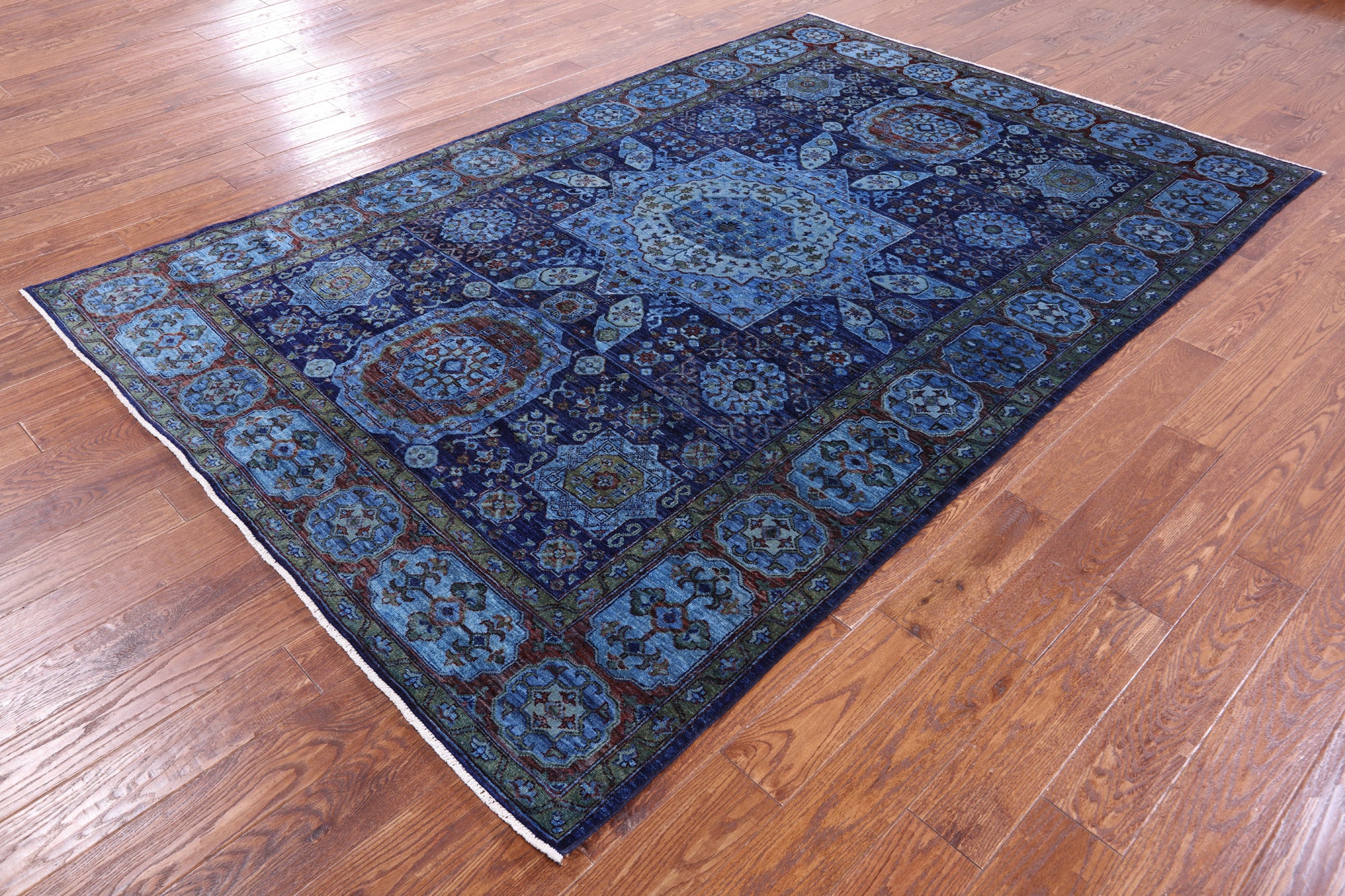 Blue Mamluk Hand Knotted Wool Rug - 6' 5" X 9' 8" - Golden Nile
