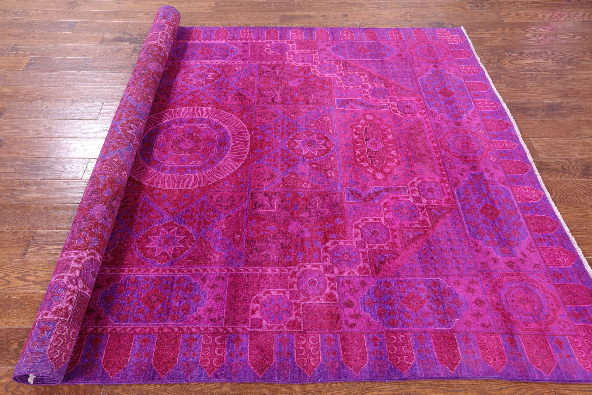 Pink Geometric Persian Mamluk Hand Knotted Wool Rug - 6' 8" X 10' 1" - Golden Nile