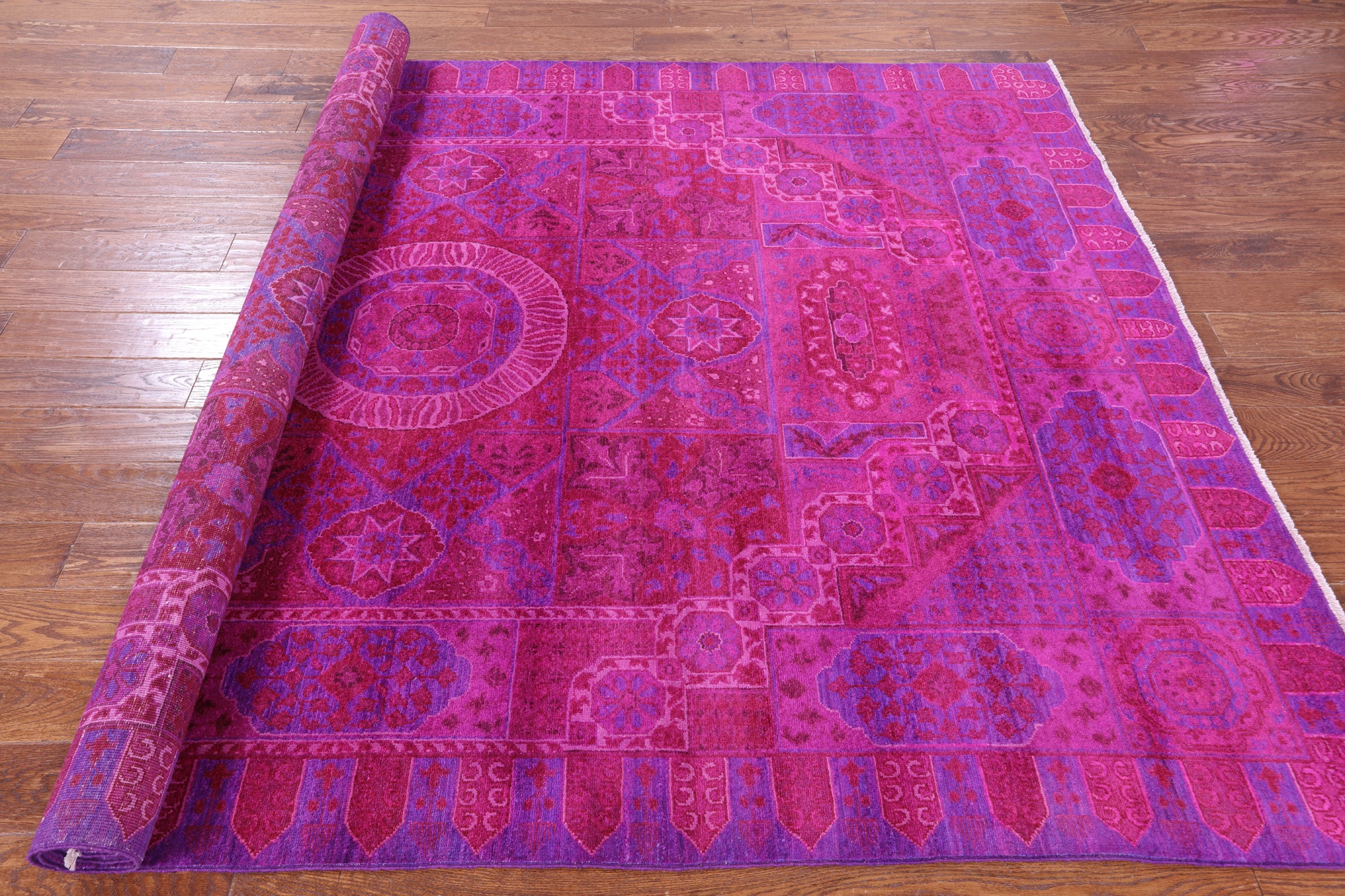Pink Geometric Persian Mamluk Hand Knotted Wool Rug - 6' 8" X 10' 1" - Golden Nile