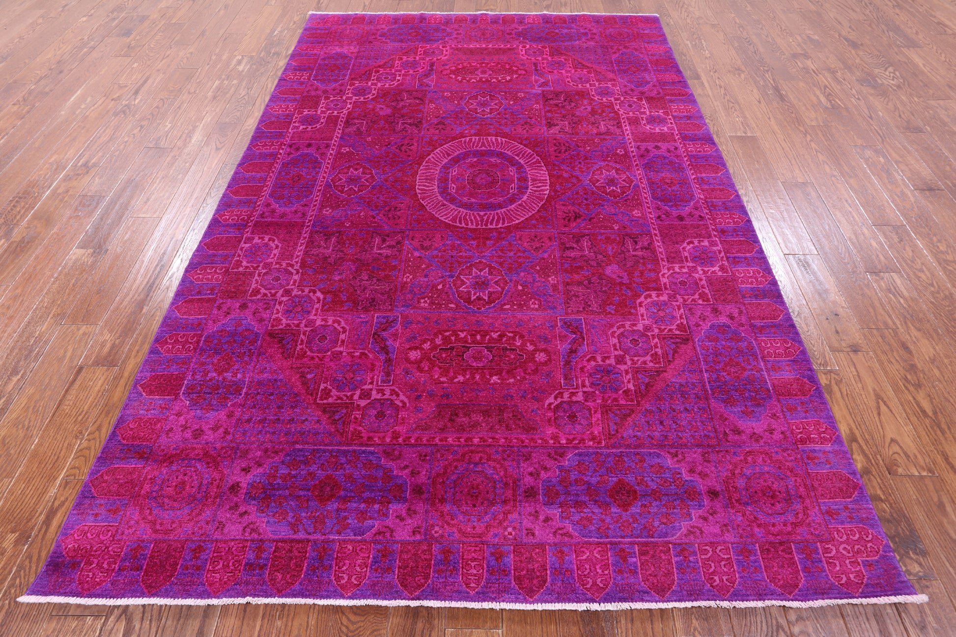 Pink Geometric Persian Mamluk Hand Knotted Wool Rug - 6' 8" X 10' 1" - Golden Nile