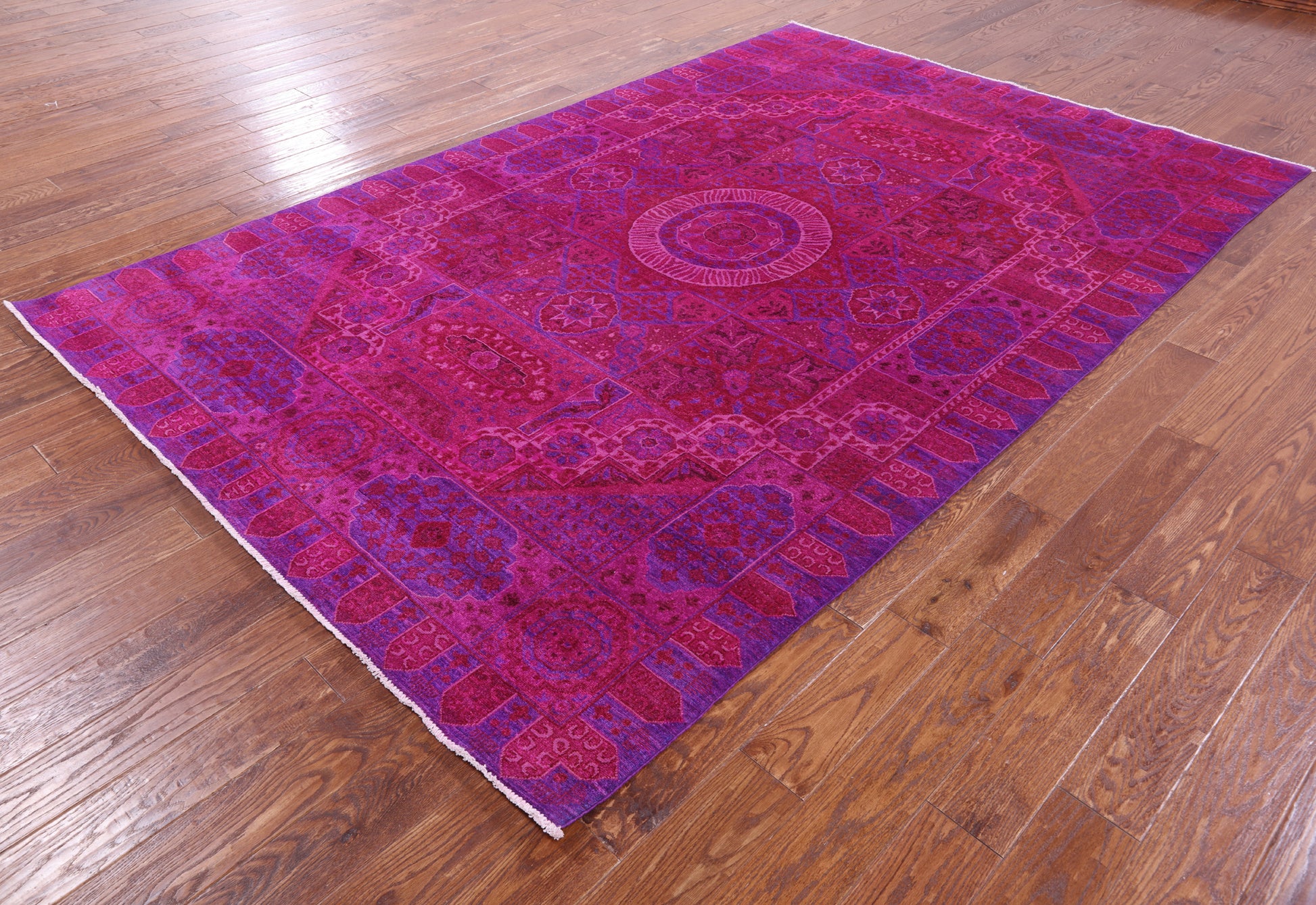 Pink Geometric Persian Mamluk Hand Knotted Wool Rug - 6' 8" X 10' 1" - Golden Nile