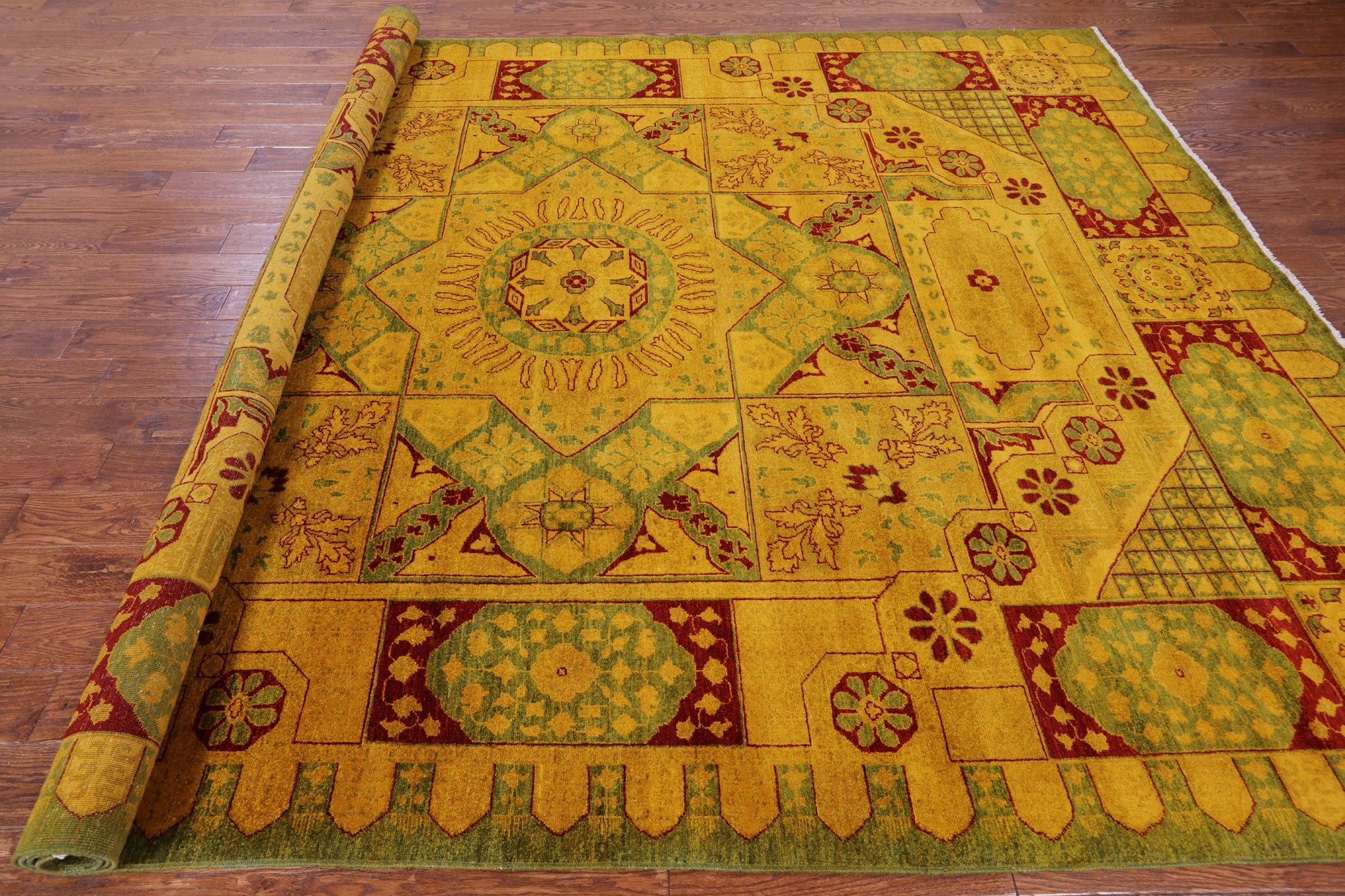 Gold Geometric Persian Mamluk Handmade Wool Rug - 8' 10" X 12' 0" - Golden Nile