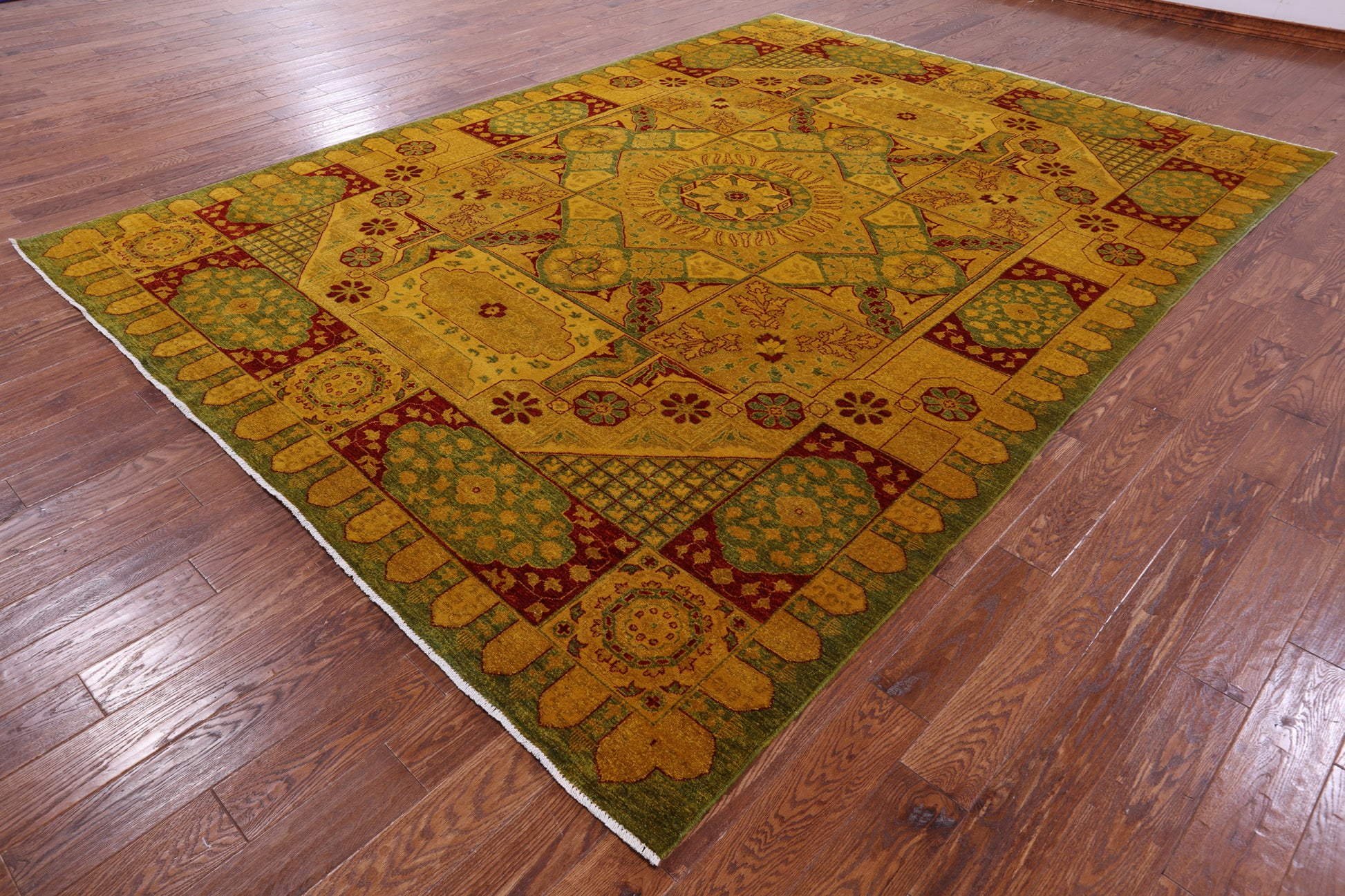 Gold Geometric Persian Mamluk Handmade Wool Rug - 8' 10" X 12' 0" - Golden Nile