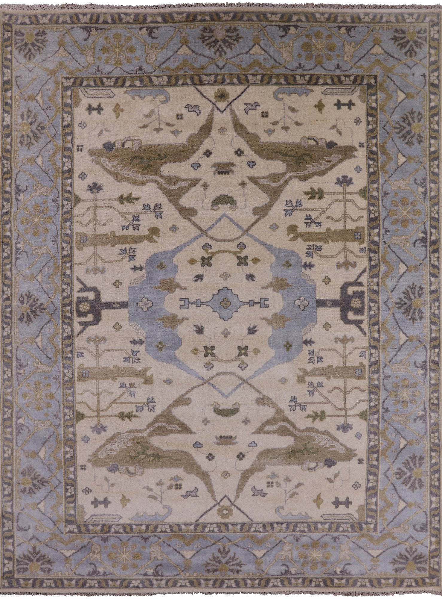 Ivory Turkish Oushak Hand Knotted Wool Area Rug - 9' 0" X 11' 11" - Golden Nile
