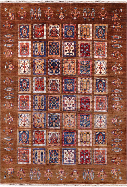 Brown Garden Design Persian Hand Knotted Wool Rug - 5' 7" X 8' 0" - Golden Nile