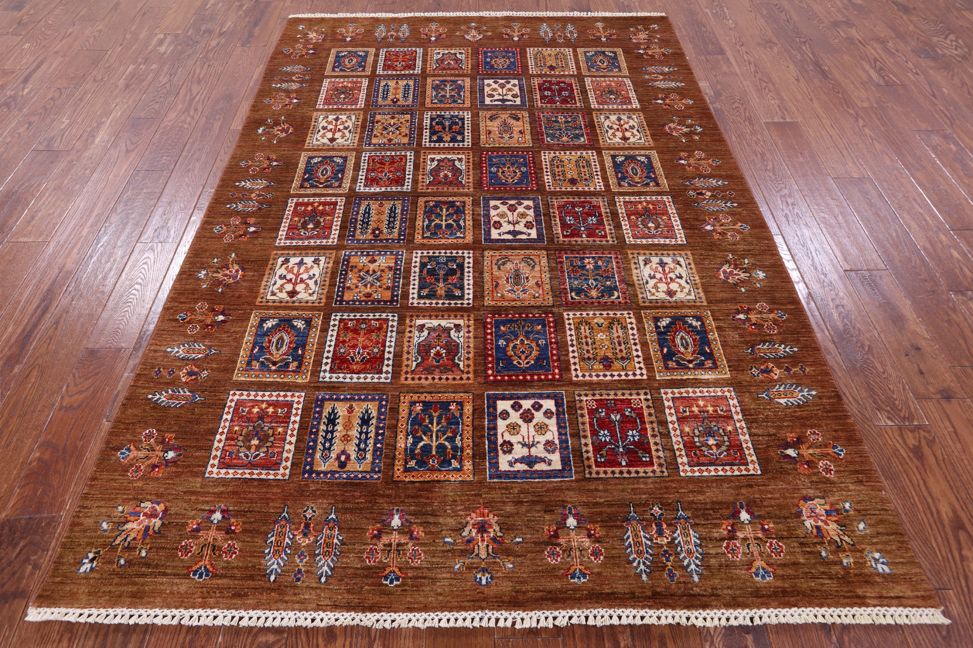 Brown Garden Design Persian Hand Knotted Wool Rug - 5' 7" X 8' 0" - Golden Nile