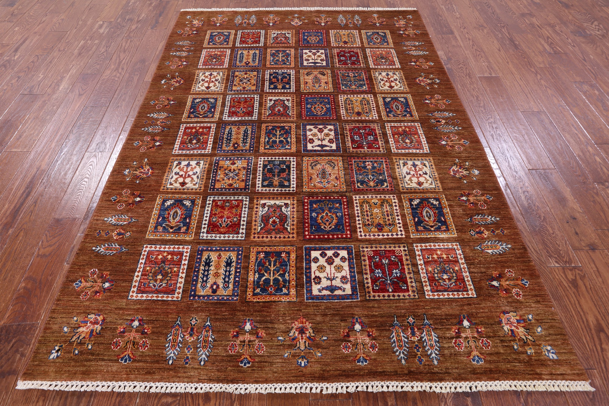 Brown Garden Design Persian Hand Knotted Wool Rug - 5' 7" X 8' 0" - Golden Nile