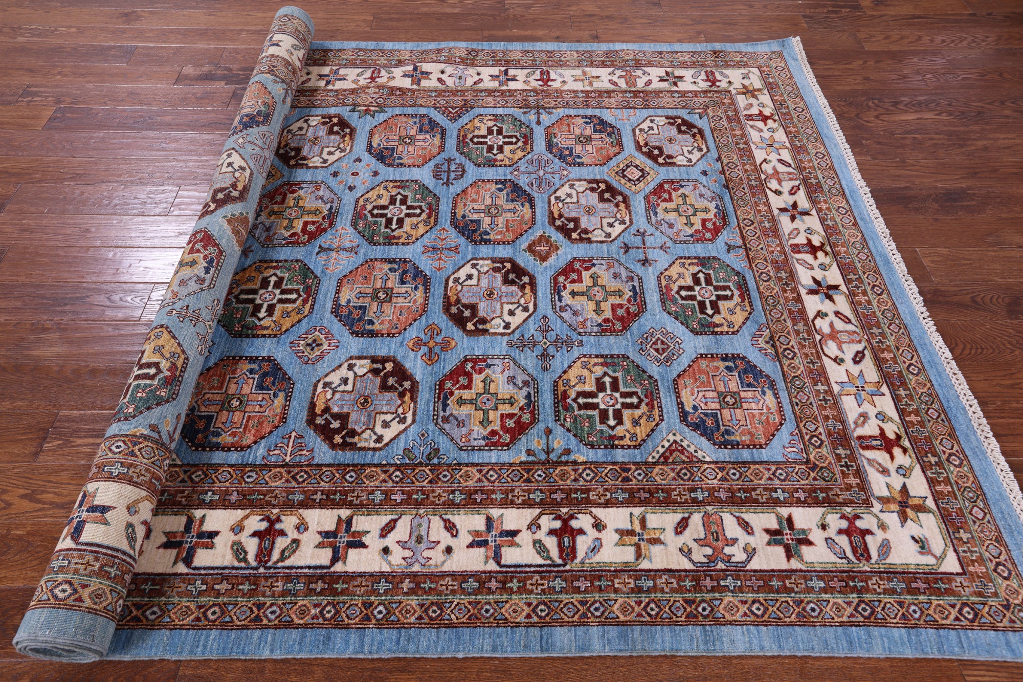 Blue Turkmen Ersari Hand Knotted Wool Rug - 6' 10" X 10' 0" - Golden Nile