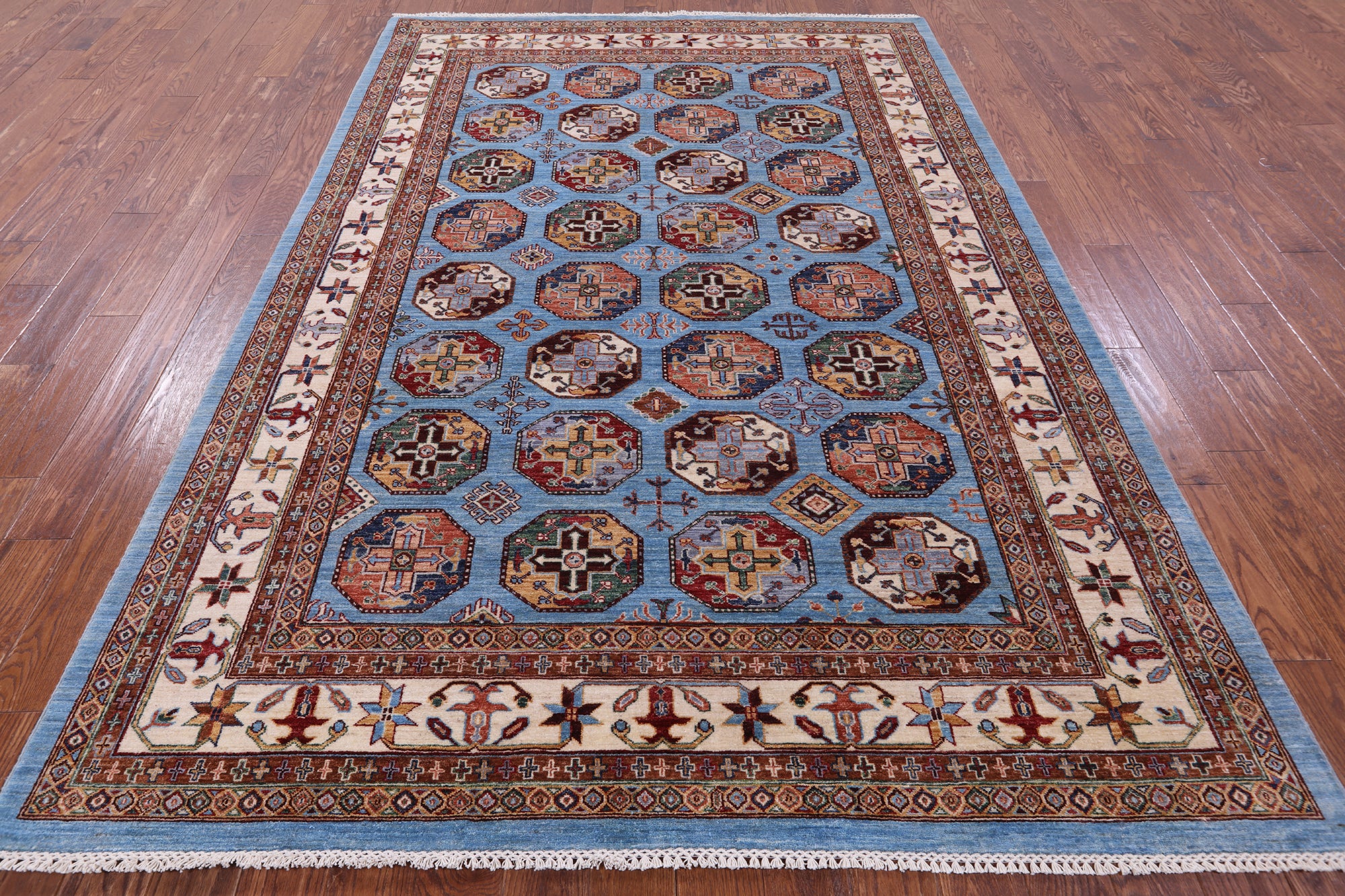Blue Turkmen Ersari Hand Knotted Wool Rug - 6' 10" X 10' 0" - Golden Nile