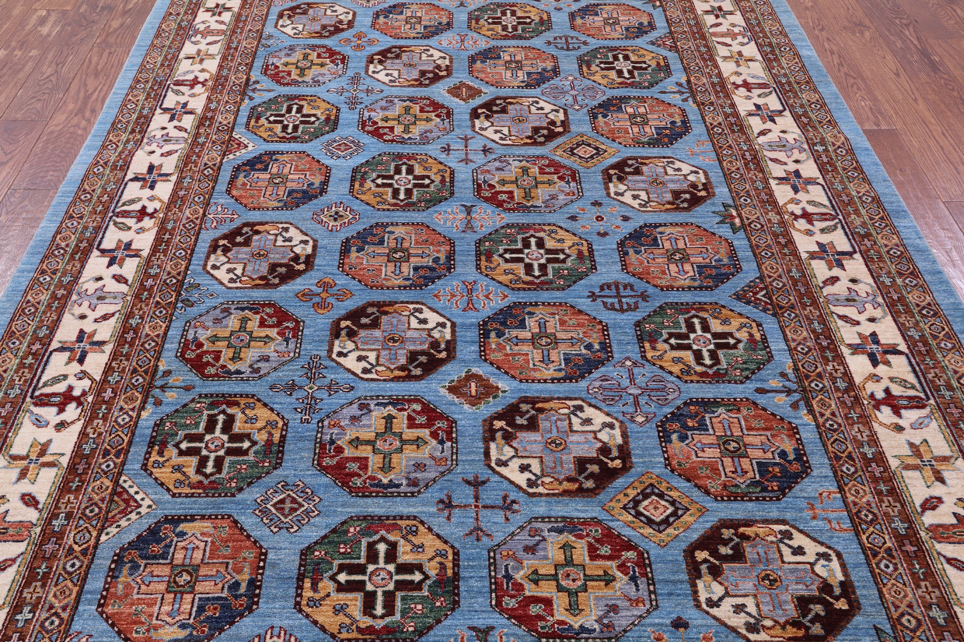 Blue Turkmen Ersari Hand Knotted Wool Rug - 6' 10" X 10' 0" - Golden Nile