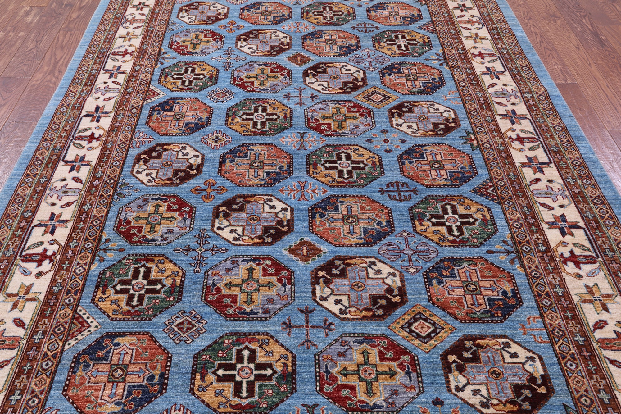 Blue Turkmen Ersari Hand Knotted Wool Rug - 6' 10" X 10' 0" - Golden Nile