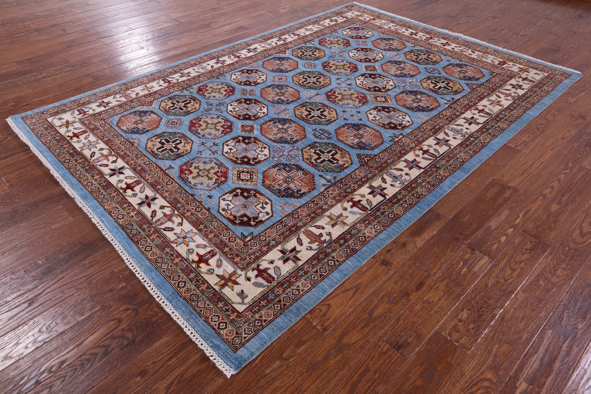 Blue Turkmen Ersari Hand Knotted Wool Rug - 6' 10" X 10' 0" - Golden Nile