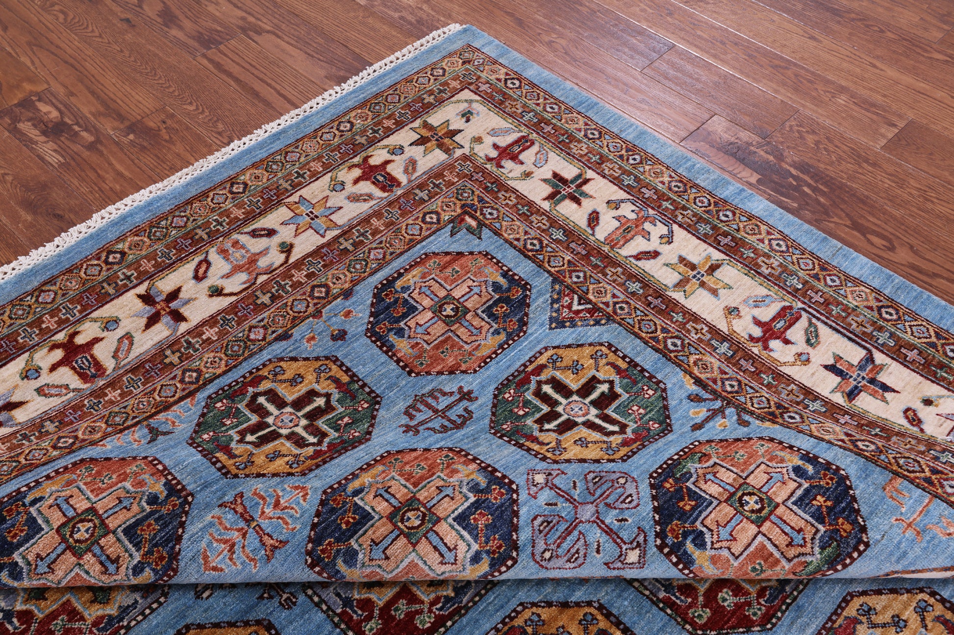 Blue Turkmen Ersari Hand Knotted Wool Rug - 6' 10" X 10' 0" - Golden Nile