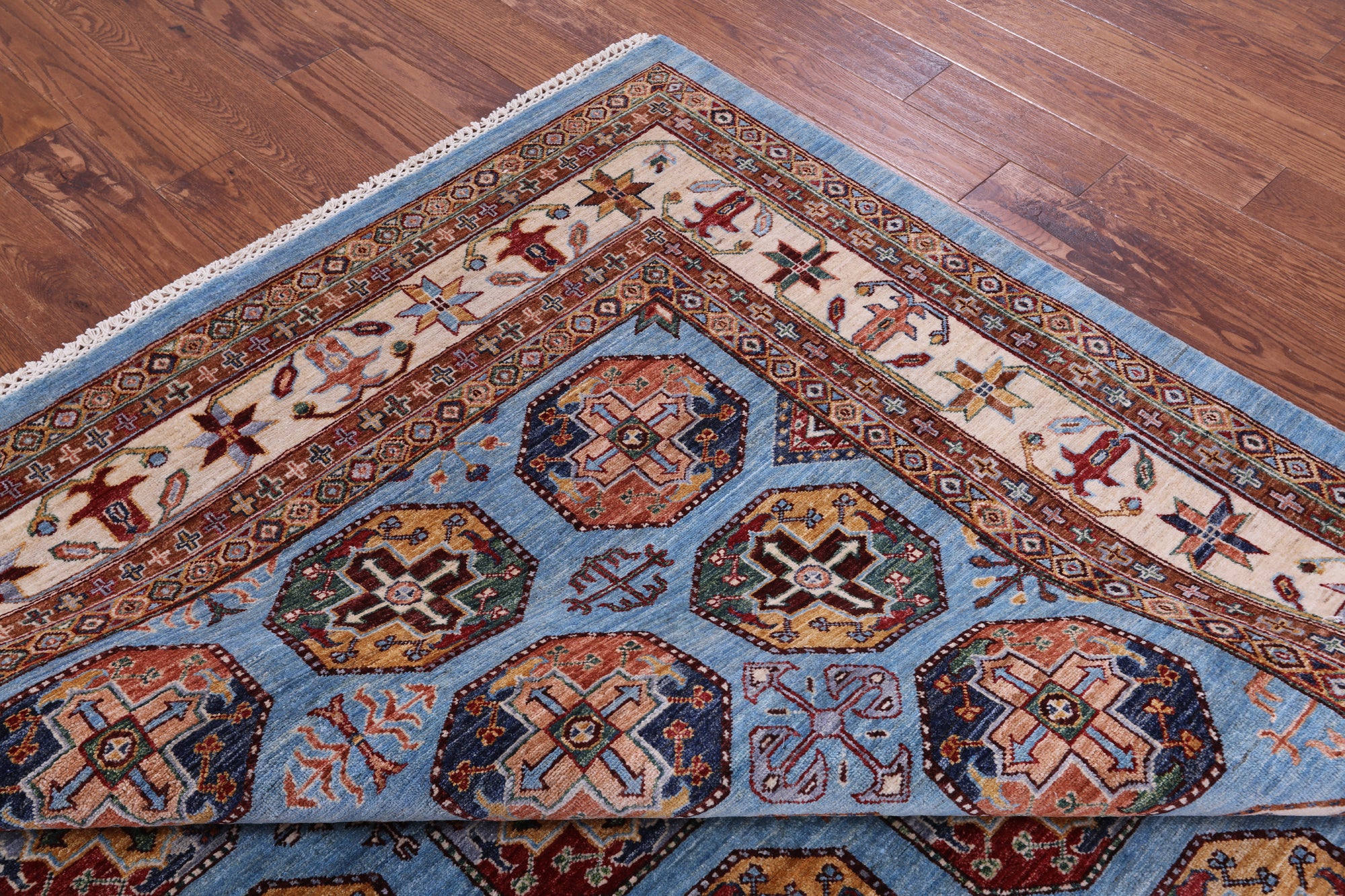 Blue Turkmen Ersari Hand Knotted Wool Rug - 6' 10" X 10' 0" - Golden Nile