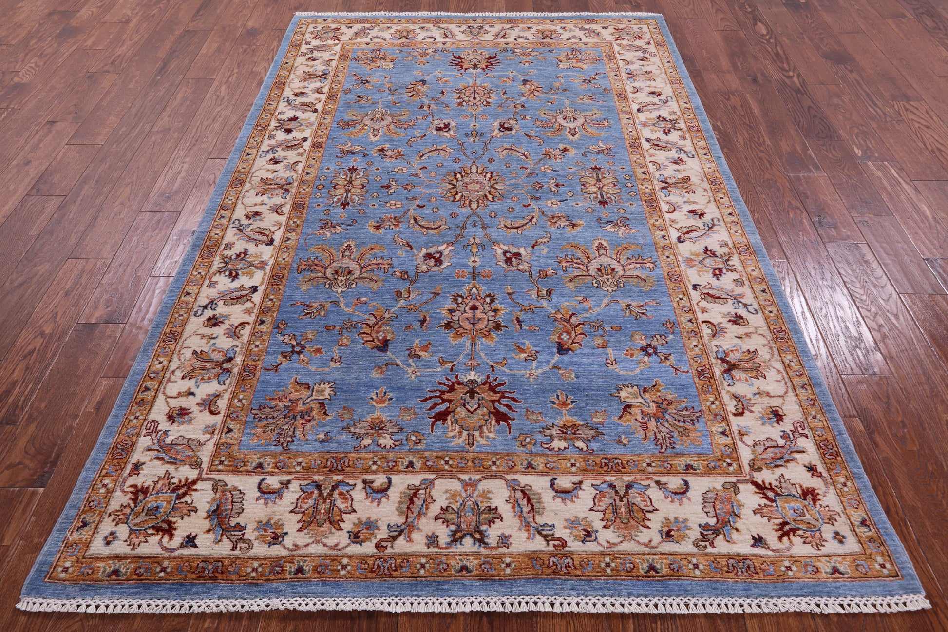 Blue Peshawar Hand Knotted Wool Rug - 5' 6" X 8' 4" - Golden Nile