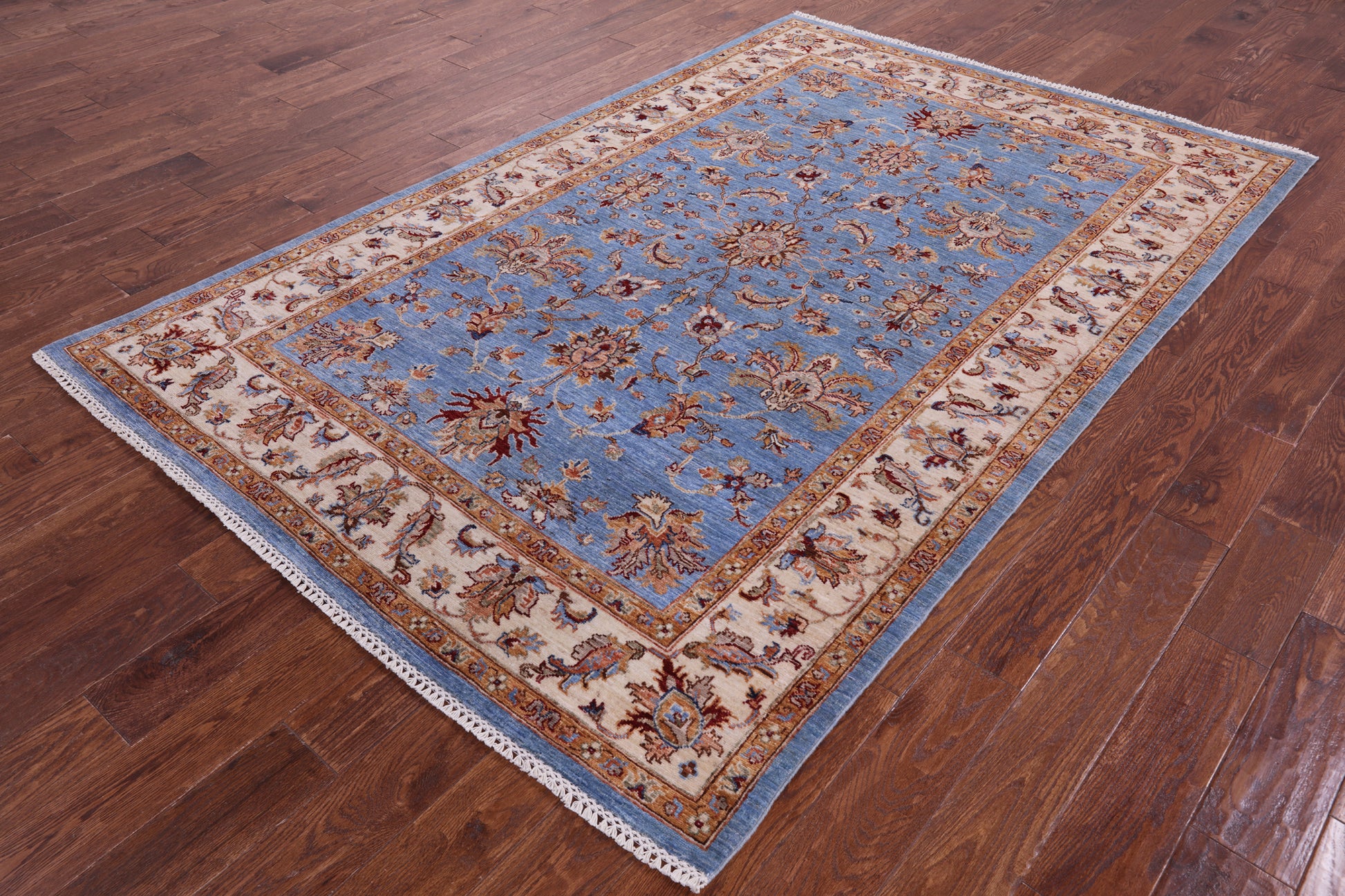 Blue Peshawar Hand Knotted Wool Rug - 5' 6" X 8' 4" - Golden Nile