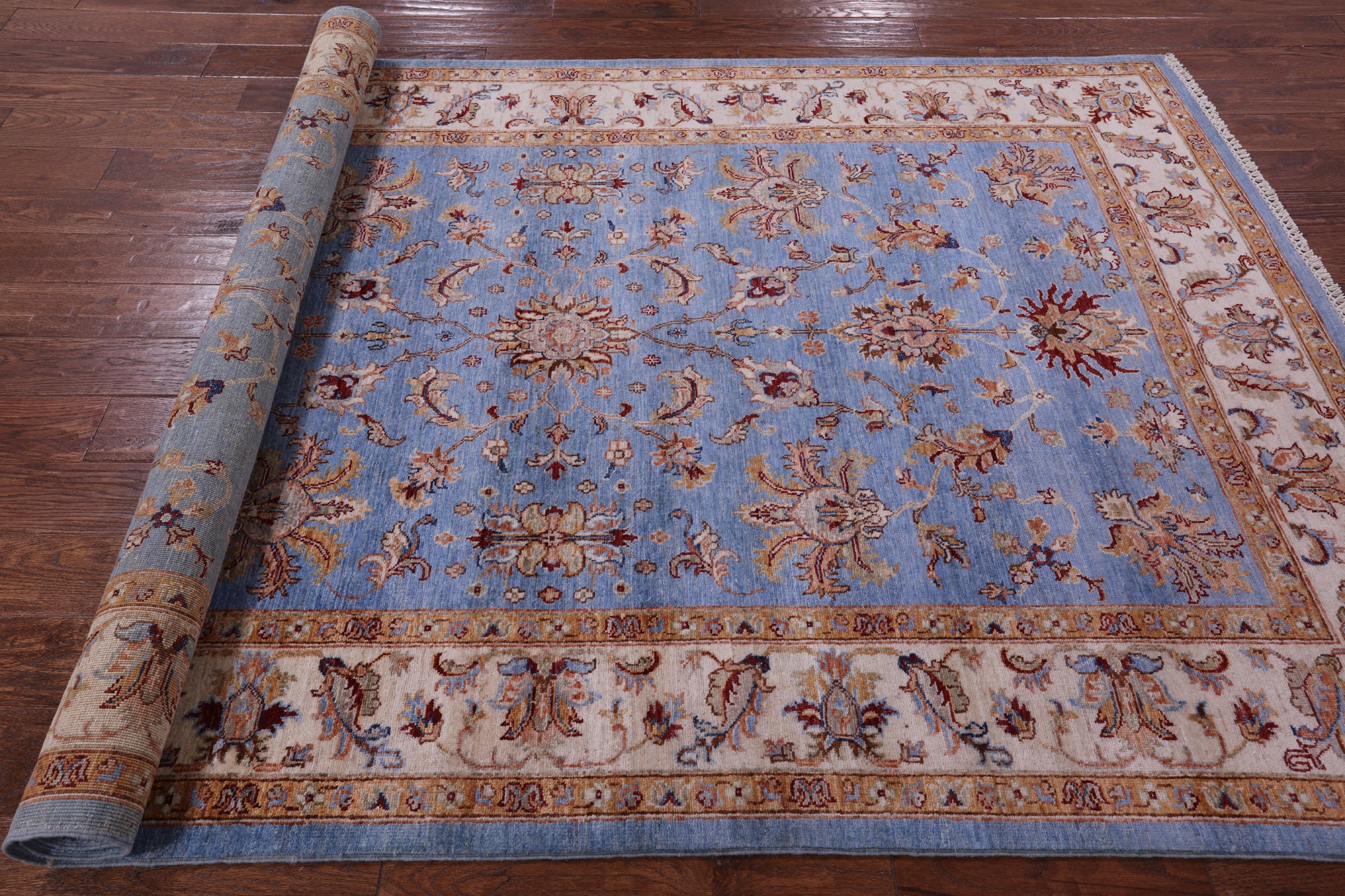 Blue Peshawar Hand Knotted Wool Rug - 5' 6" X 8' 4" - Golden Nile
