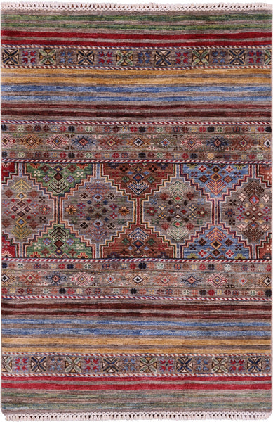 Khorjin Persian Gabbeh Handmade Wool Rug - 3' 4" X 4' 10" - Golden Nile