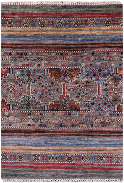 Khorjin Persian Gabbeh Hand Knotted Wool Rug - 3' 5" X 4' 11" - Golden Nile