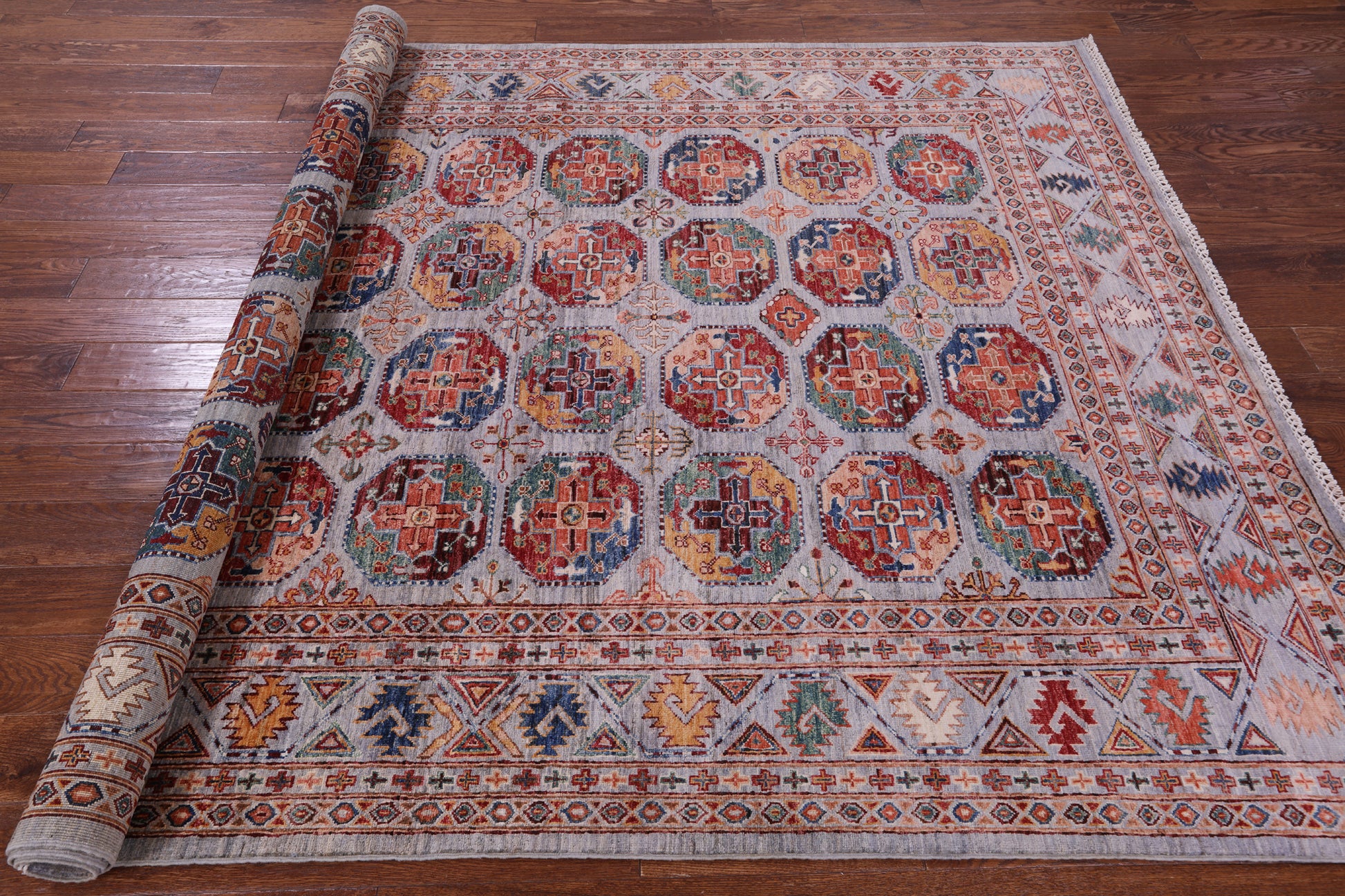 Grey Turkmen Ersari Hand Knotted Wool Rug - 6' 11" X 9' 8" - Golden Nile