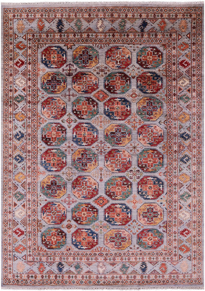 Grey Turkmen Ersari Hand Knotted Wool Rug - 6' 11" X 9' 8" - Golden Nile