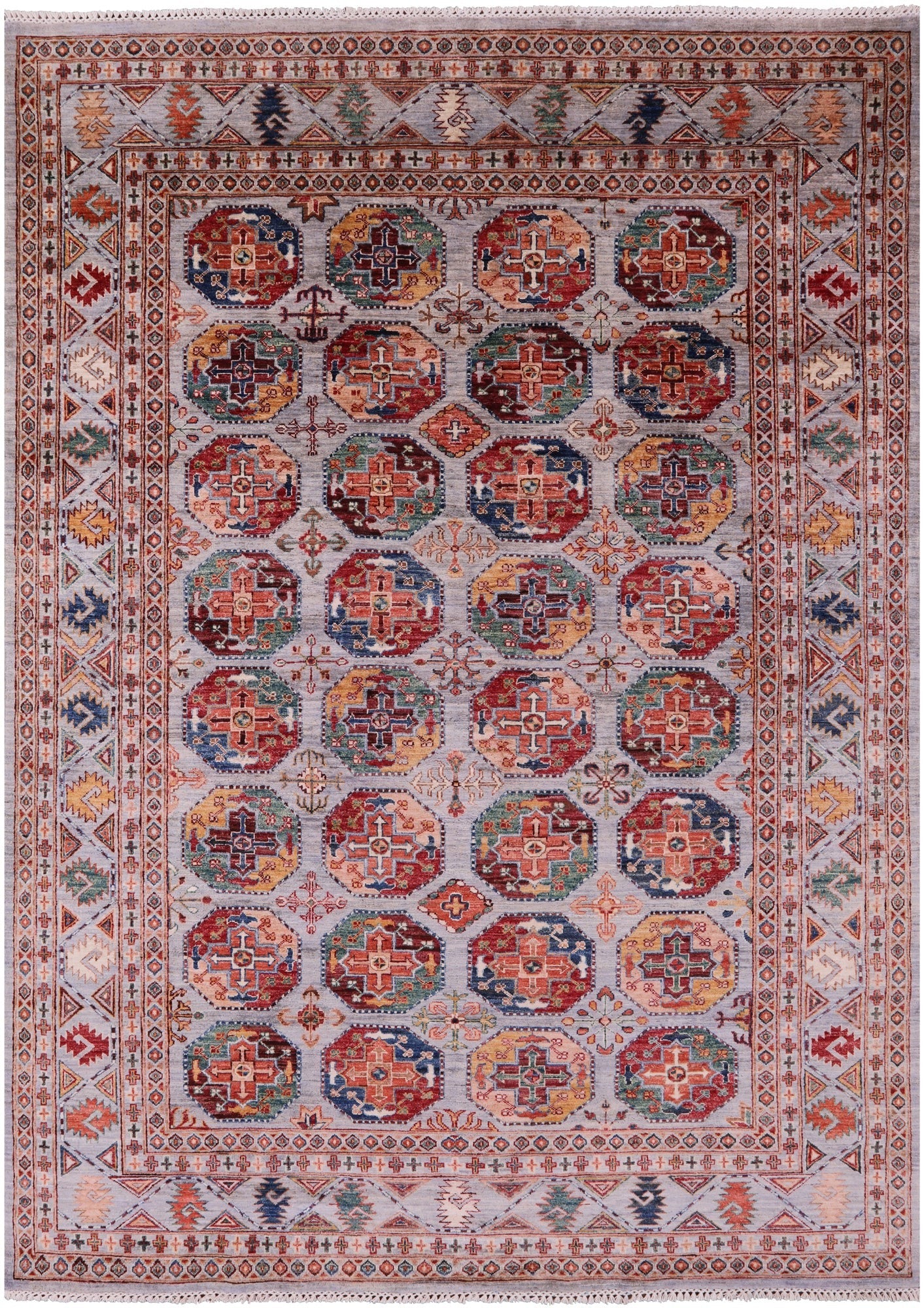 Grey Turkmen Ersari Hand Knotted Wool Rug - 6' 11" X 9' 8" - Golden Nile