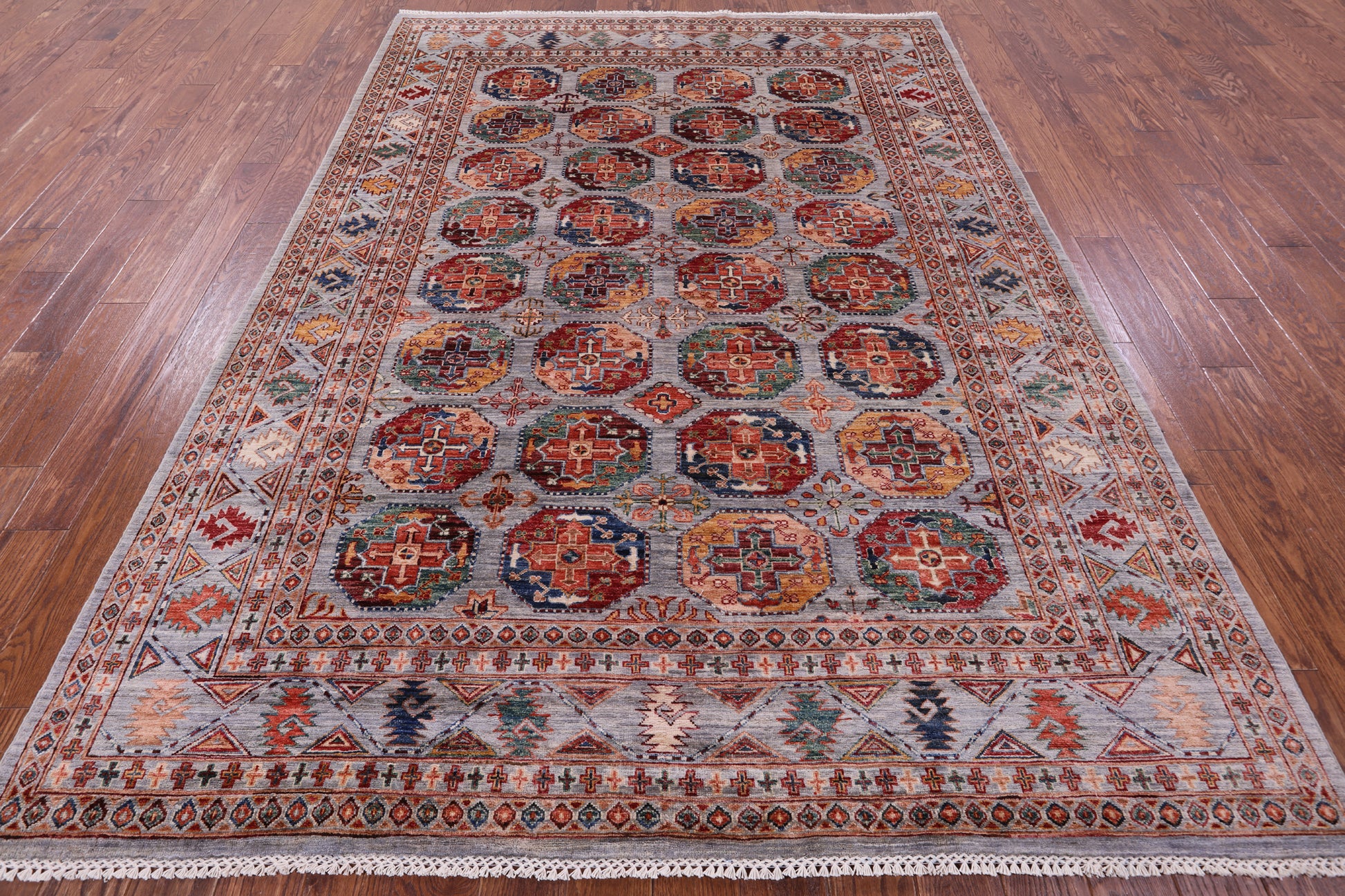 Grey Turkmen Ersari Hand Knotted Wool Rug - 6' 11" X 9' 8" - Golden Nile