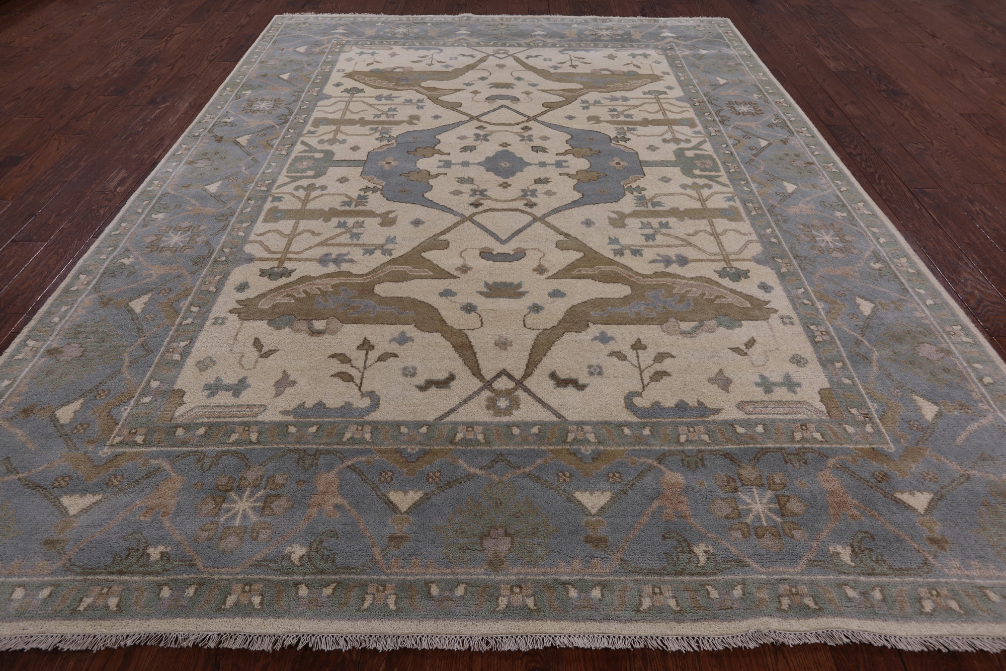 Ivory Turkish Oushak Hand Knotted Wool Area Rug - 9' 0" X 11' 11" - Golden Nile