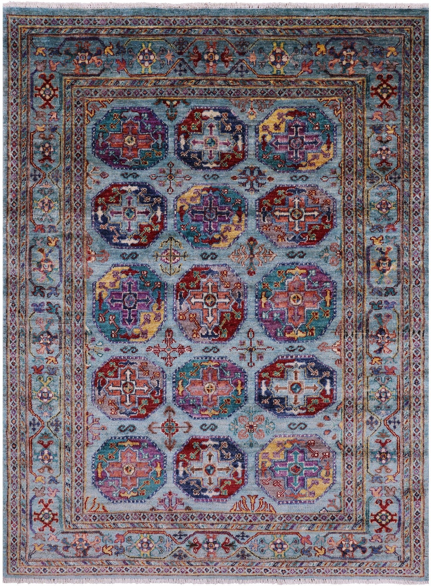 Blue Turkmen Ersari Hand Knotted Wool Rug - 4' 10" X 6' 6" - Golden Nile