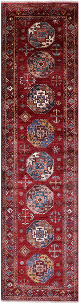 Red Turkmen Ersari Hand Knotted Wool Runner Rug - 2' 8" X 10' 8" - Golden Nile