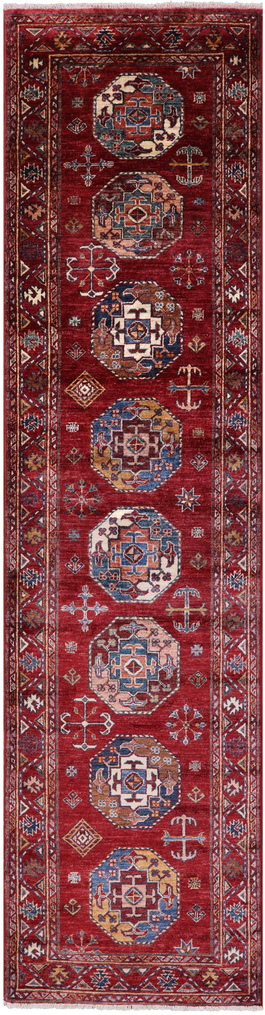 Red Turkmen Ersari Hand Knotted Wool Runner Rug - 2' 8" X 10' 8" - Golden Nile