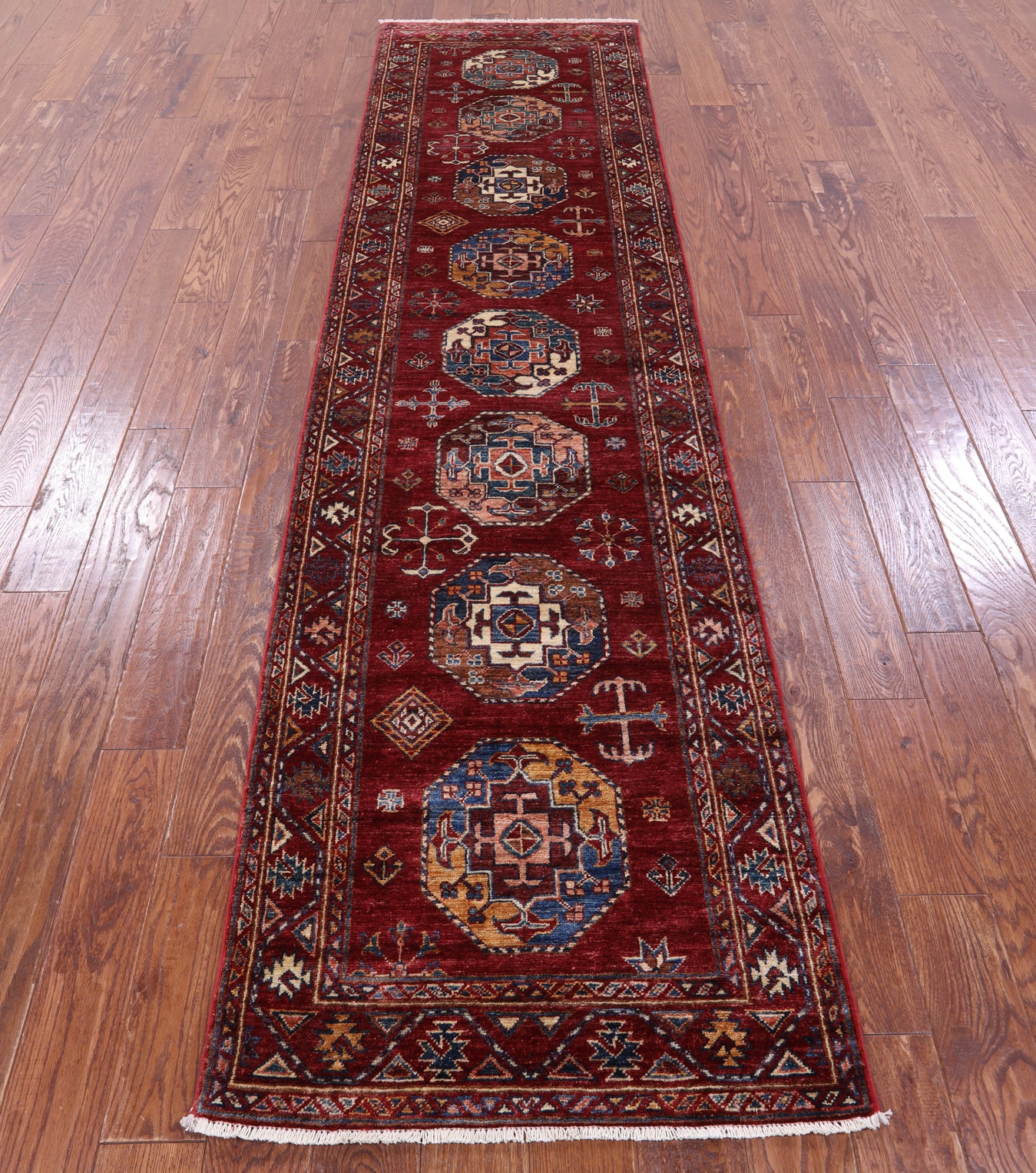Red Turkmen Ersari Hand Knotted Wool Runner Rug - 2' 8" X 10' 8" - Golden Nile