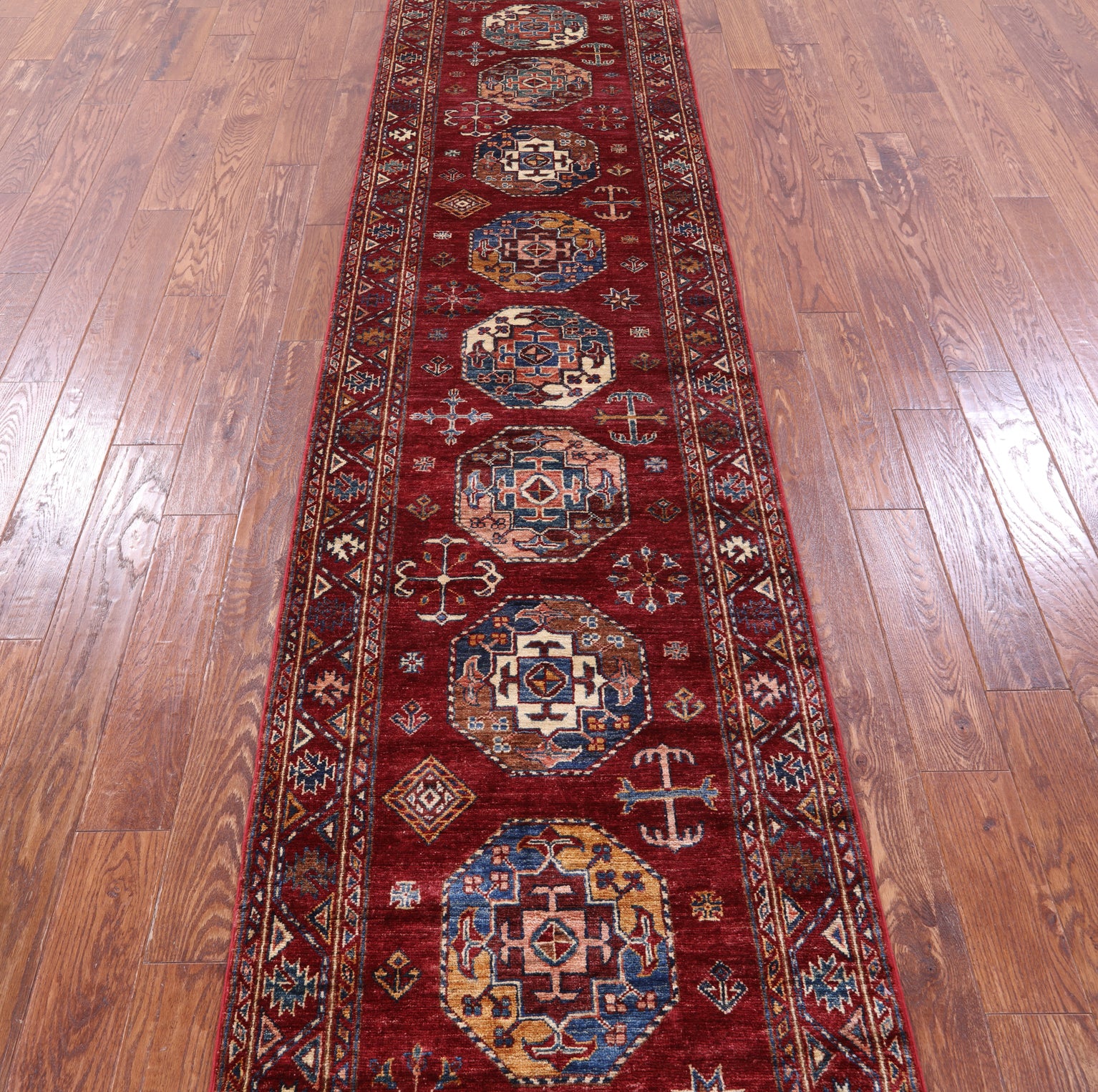 Red Turkmen Ersari Hand Knotted Wool Runner Rug - 2' 8" X 10' 8" - Golden Nile