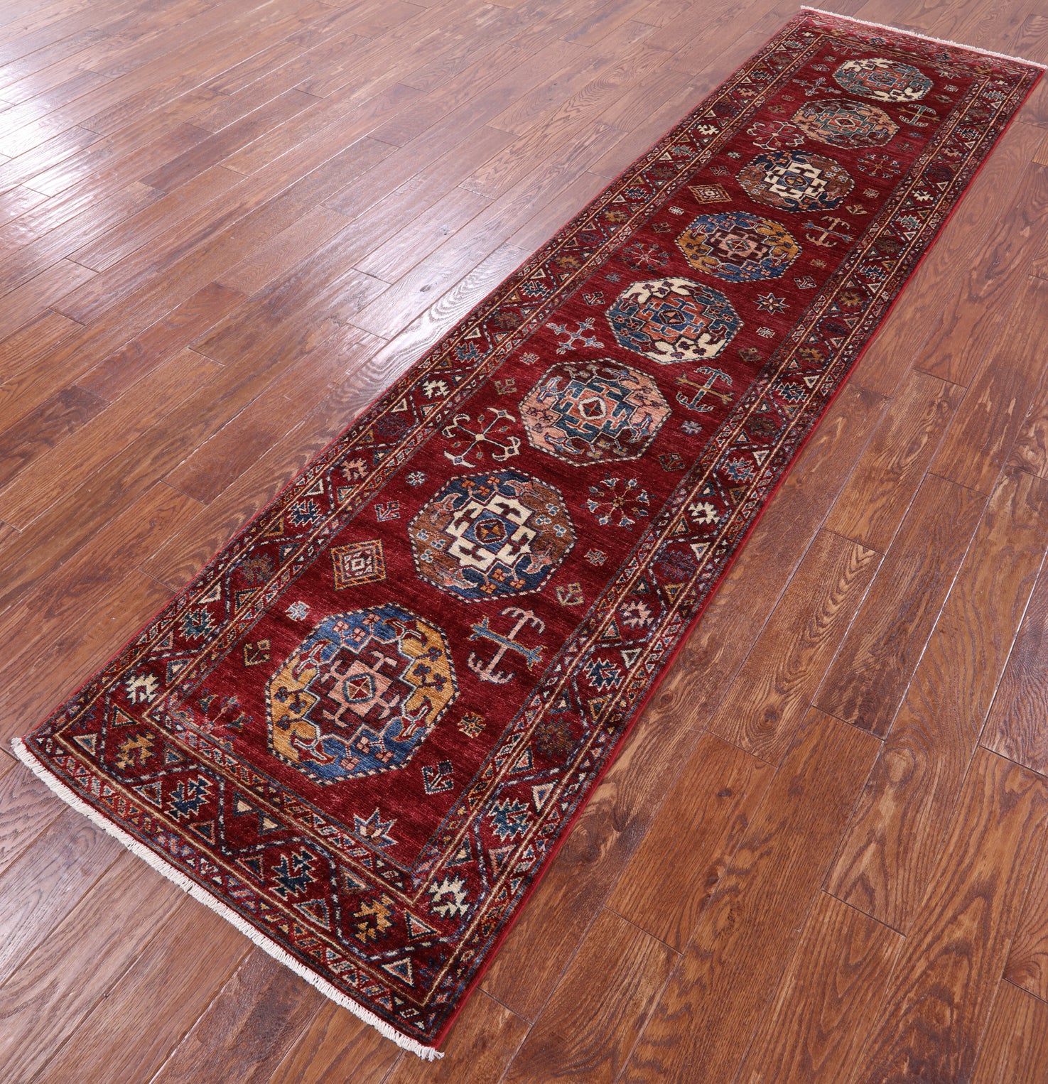 Red Turkmen Ersari Hand Knotted Wool Runner Rug - 2' 8" X 10' 8" - Golden Nile