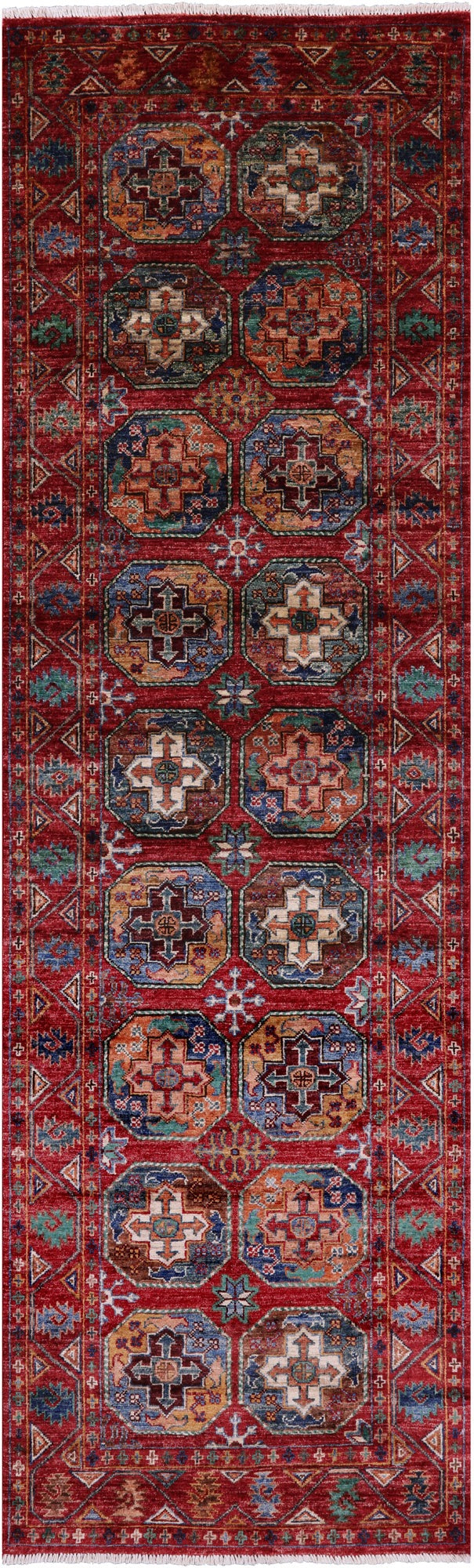 Red Turkmen Ersari Hand Knotted Wool Runner Rug - 2' 8" X 8' 9" - Golden Nile