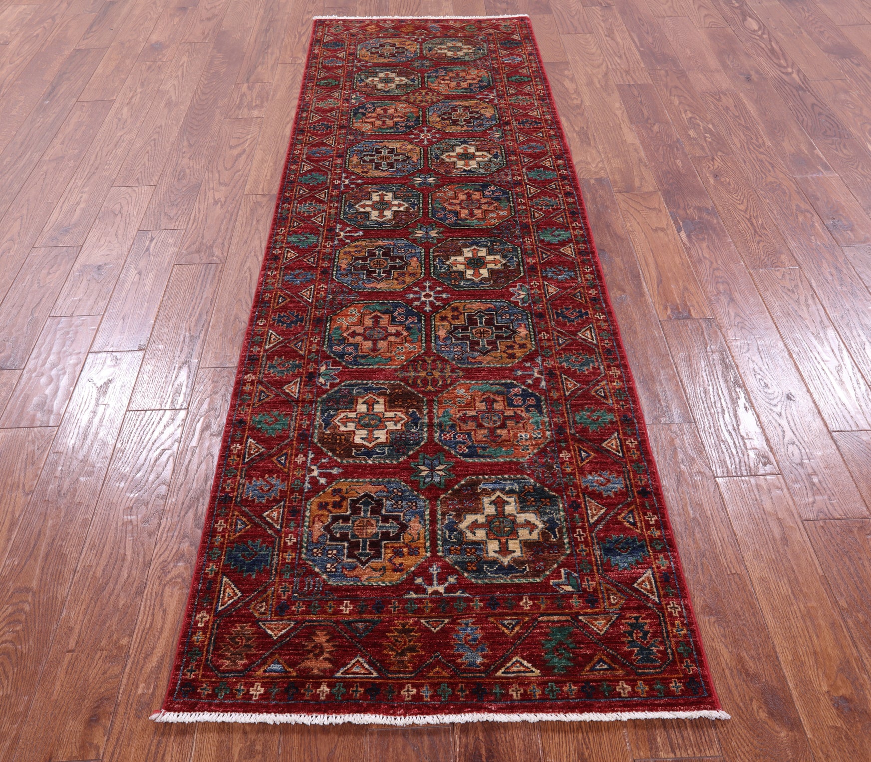 Red Turkmen Ersari Hand Knotted Wool Runner Rug - 2' 8" X 8' 9" - Golden Nile