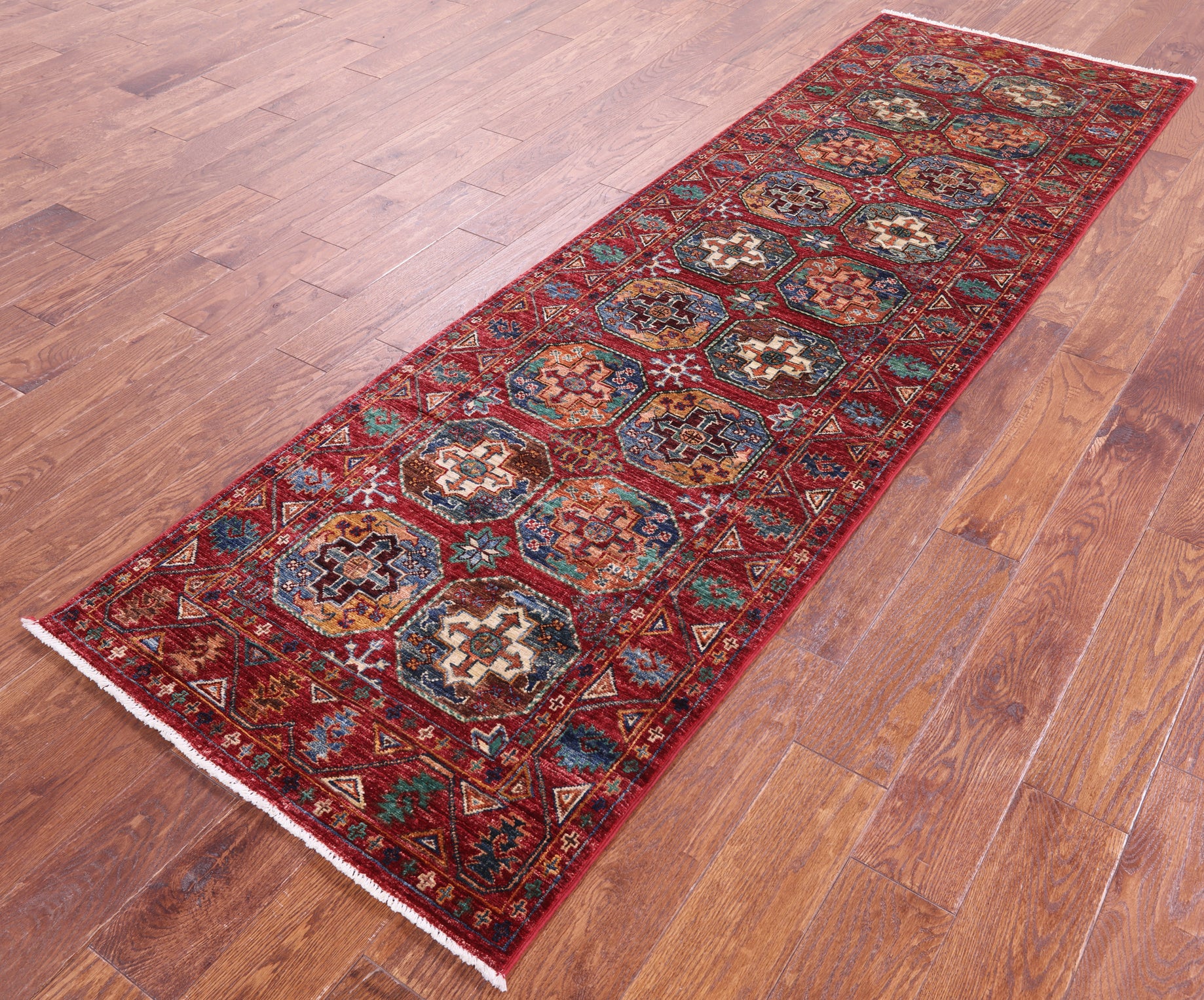 Red Turkmen Ersari Hand Knotted Wool Runner Rug - 2' 8" X 8' 9" - Golden Nile
