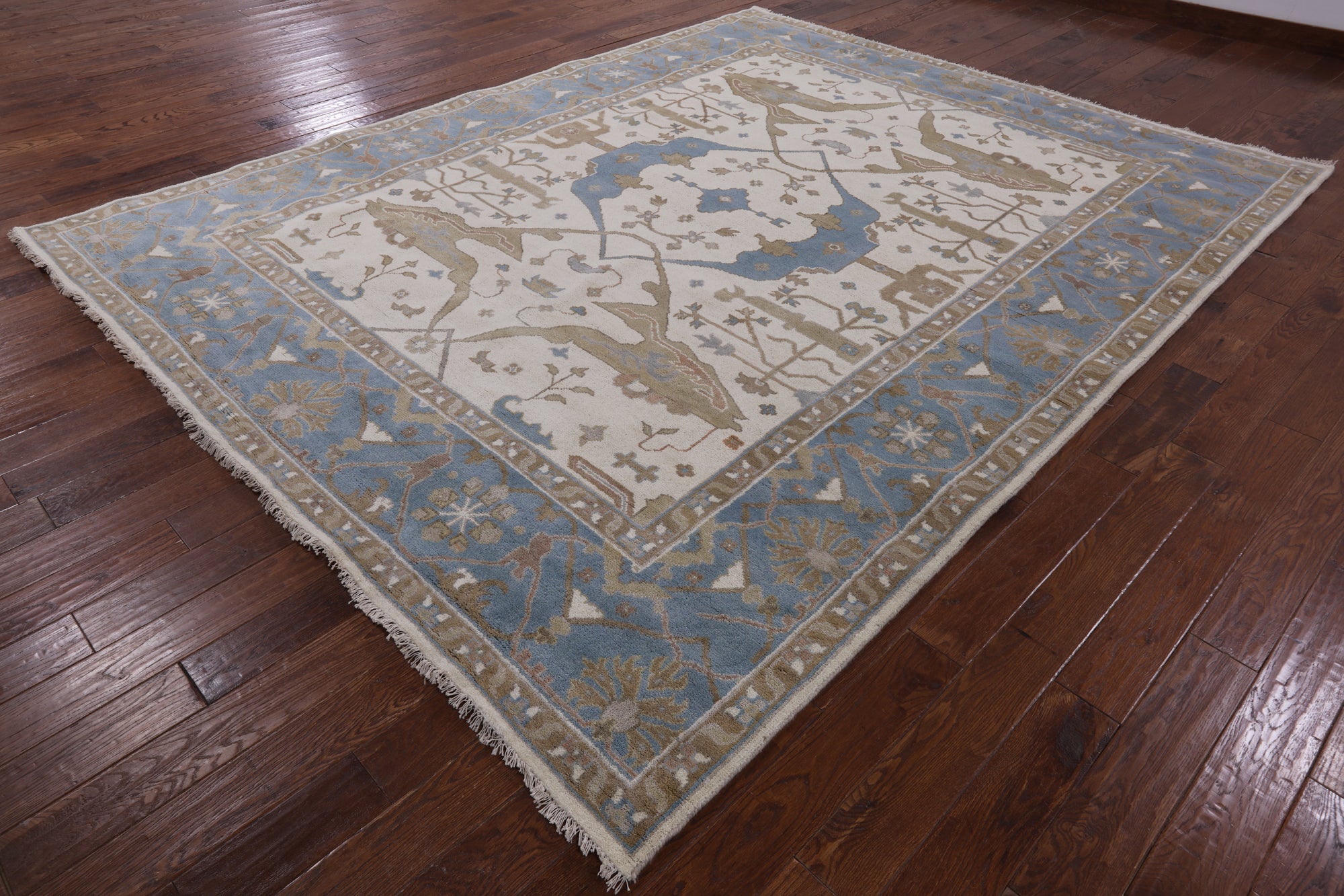Ivory Turkish Oushak Hand Knotted Wool Area Rug - 9' 2" X 11' 9" - Golden Nile
